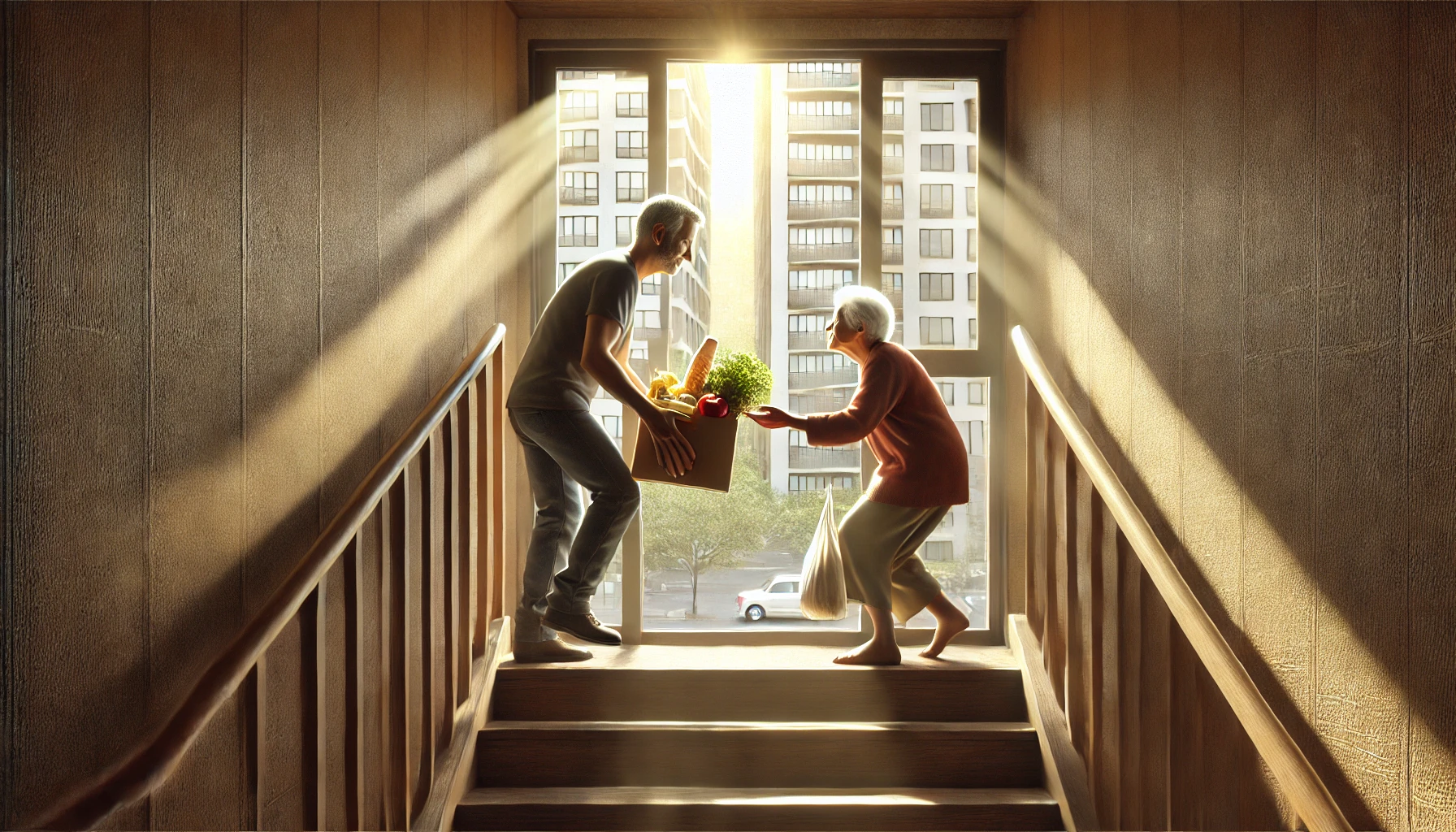 A person helping an elderly neighbor carry groceries up a flight of stairs.