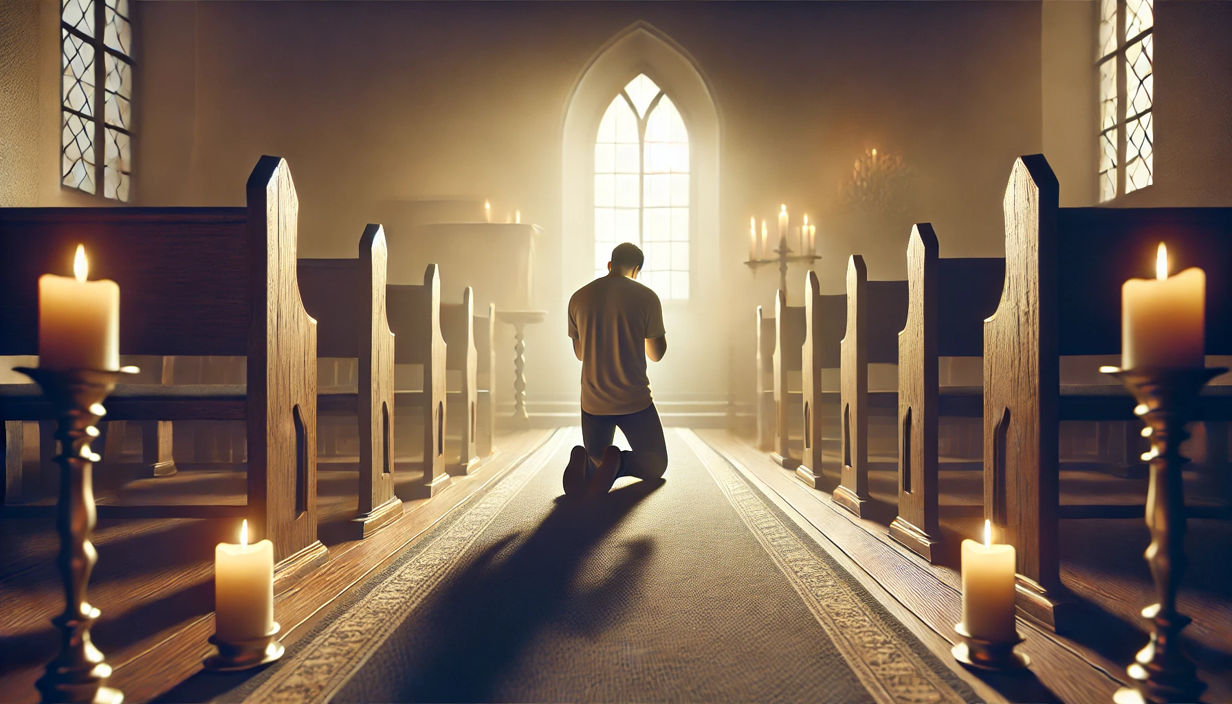 A person kneeling in a quiet, candle-lit room in prayer, hands clasped and head bowed in reverence.