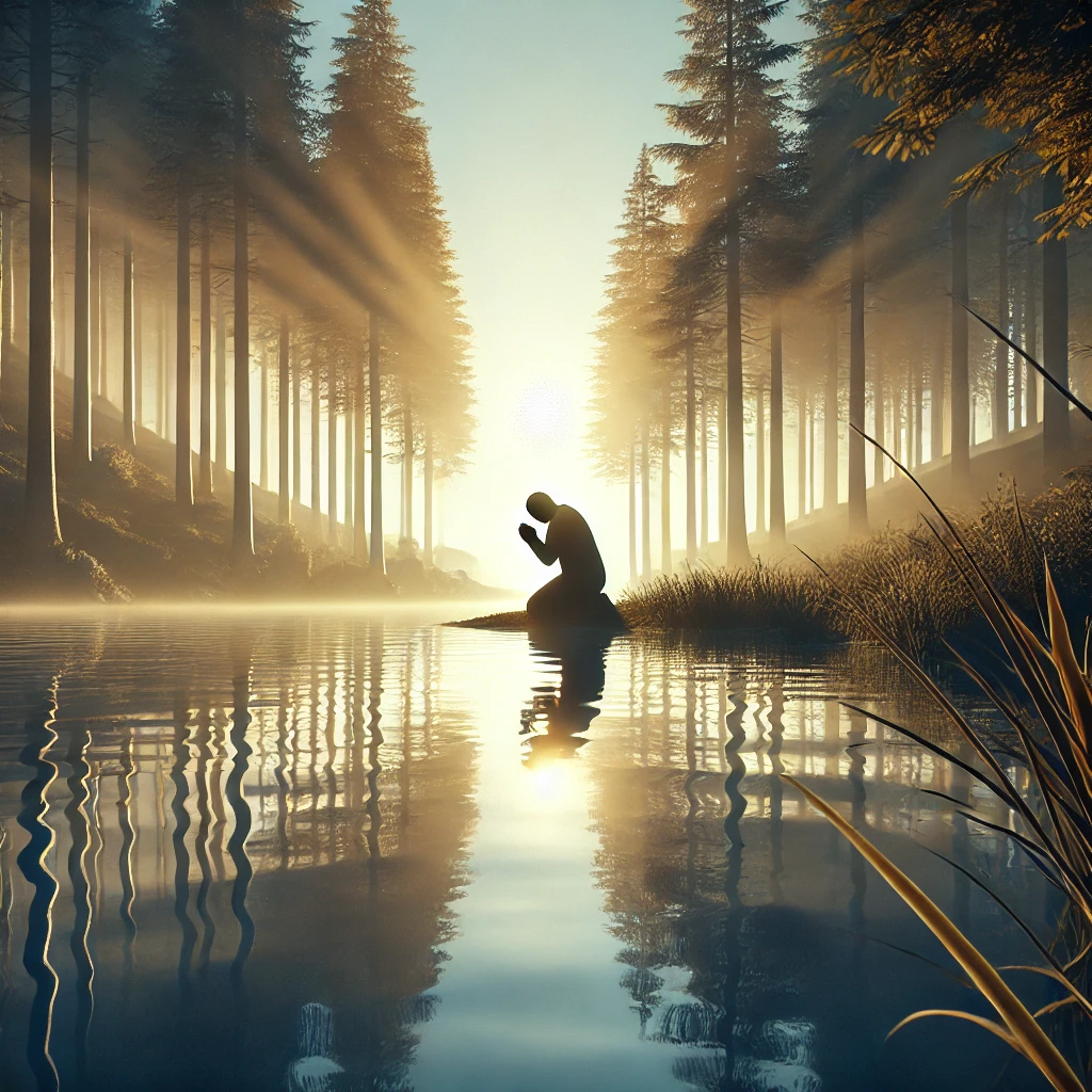 A person kneeling in prayer at the edge of a peaceful lake during sunrise, surrounded by tall trees.