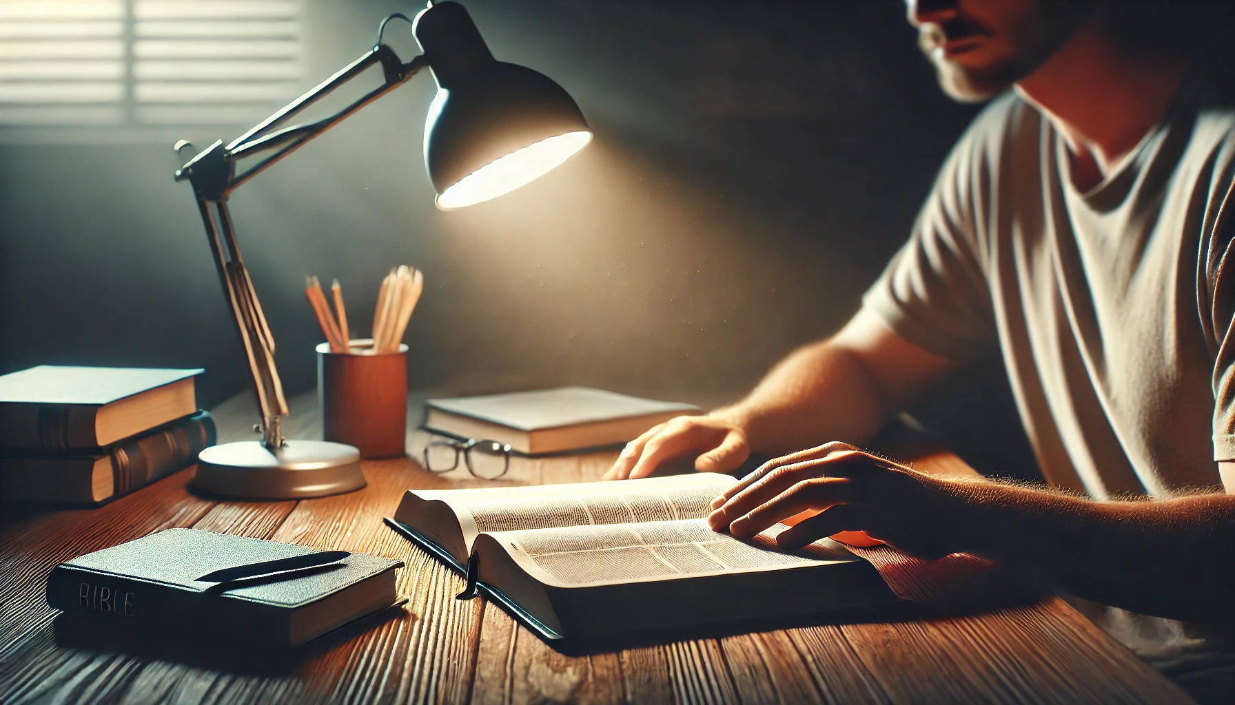 A person reading the Bible at a wooden desk, illuminated by soft light from a nearby lamp.