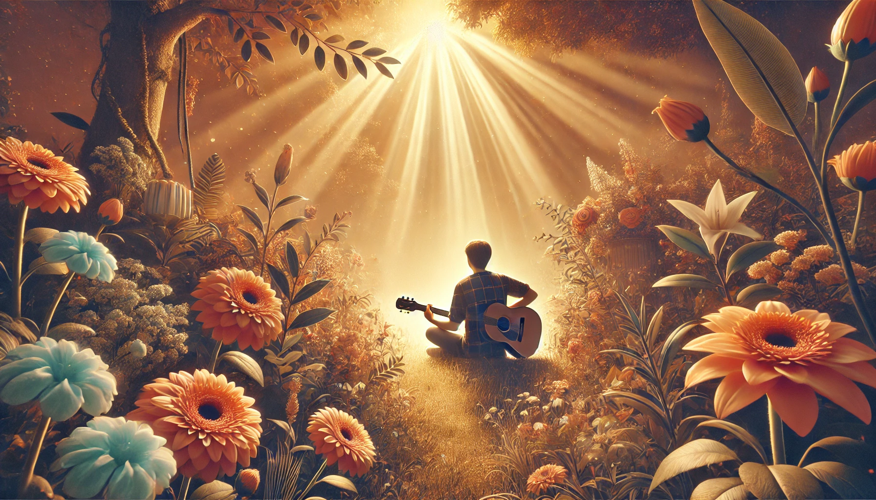 A person sitting in a peaceful garden, playing a guitar, surrounded by flowers.