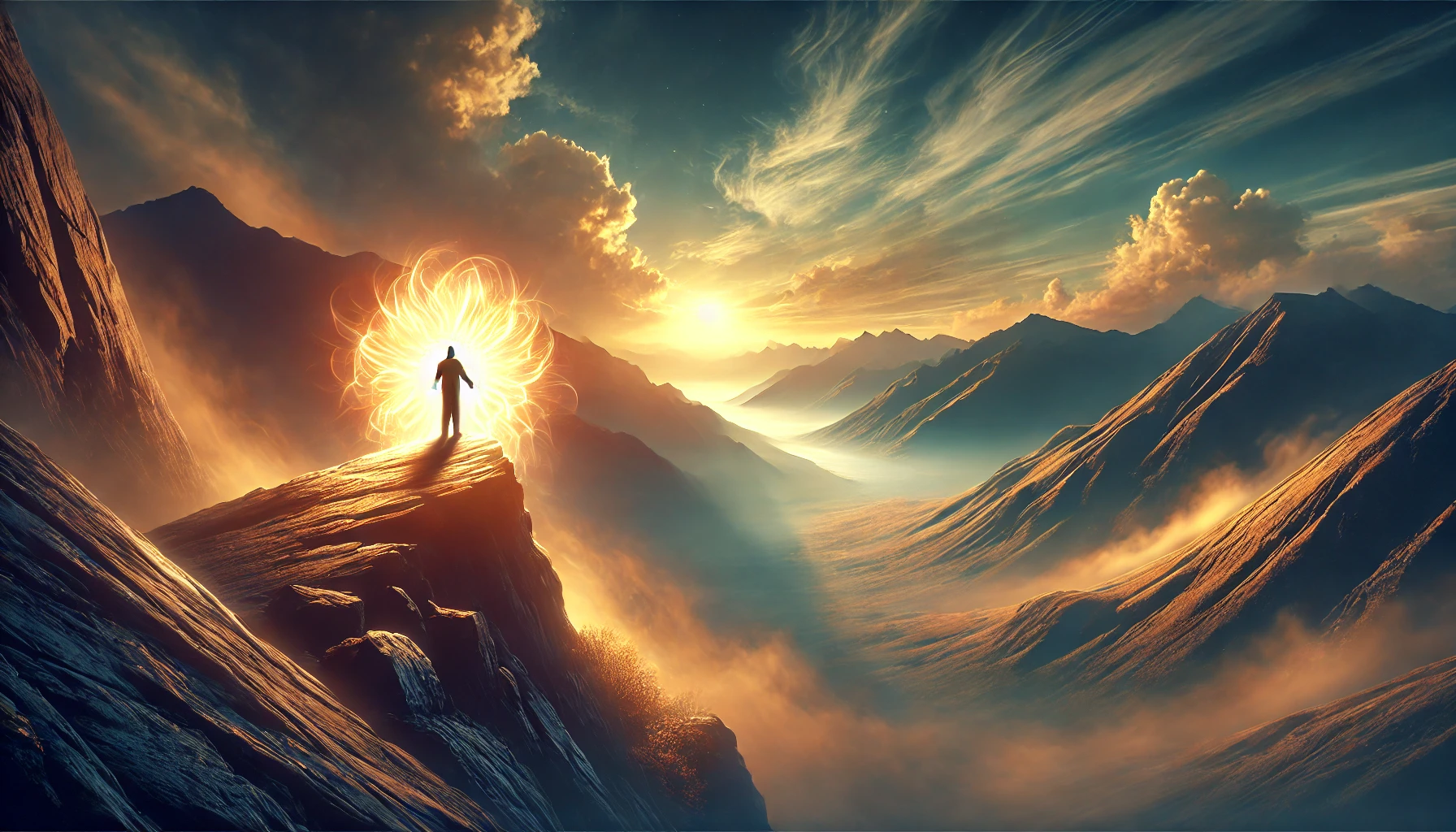 A person standing on a mountain ledge at sunrise, with a glowing light.