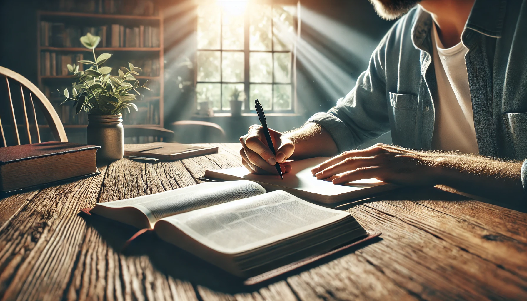 A person working on a wooden desk in a cozy home office.