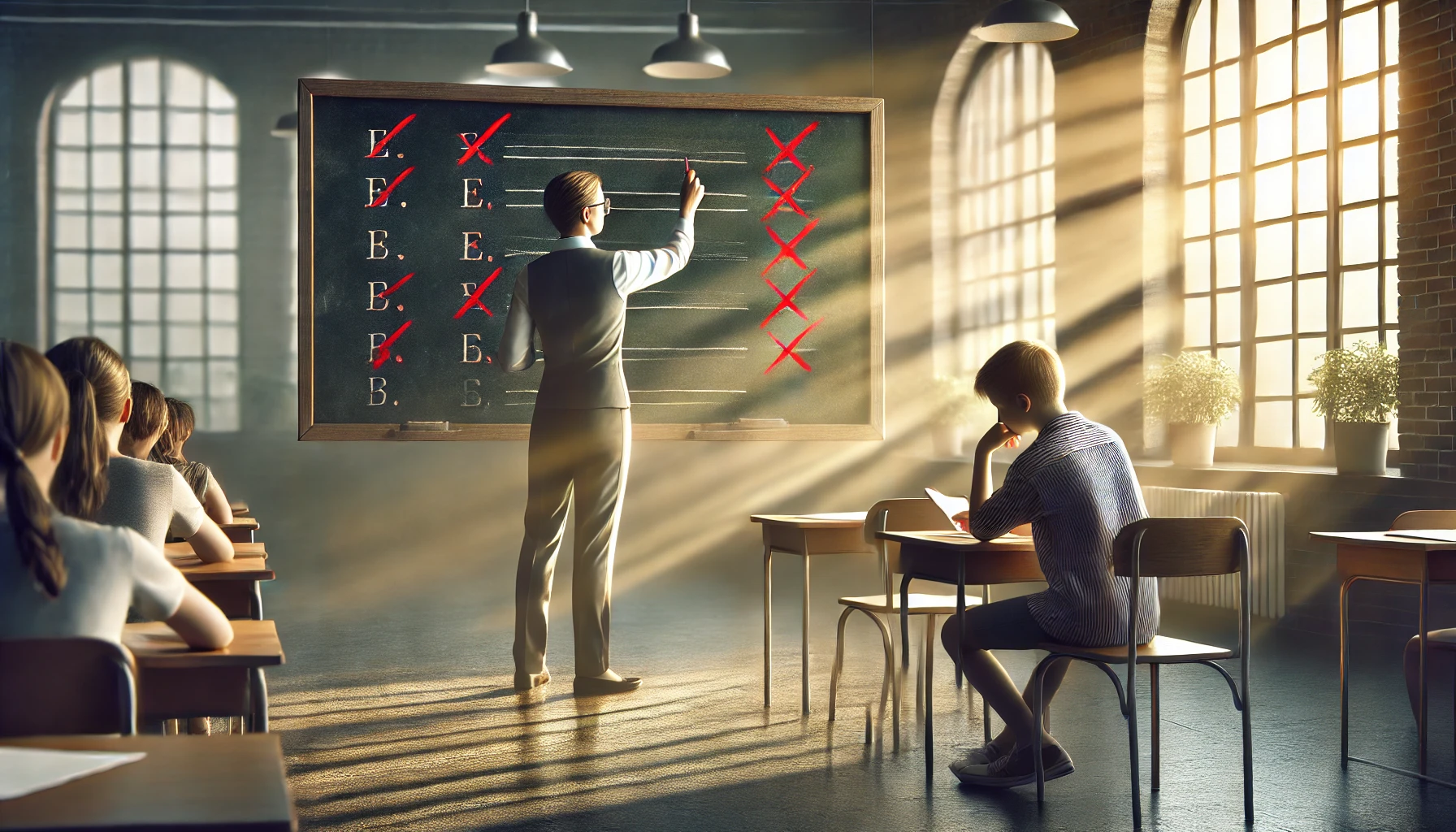 A photo-realistic horizontal illustration of a classroom setting with a teacher writing constructive feedback on a chalkboard. A student, sitting at a