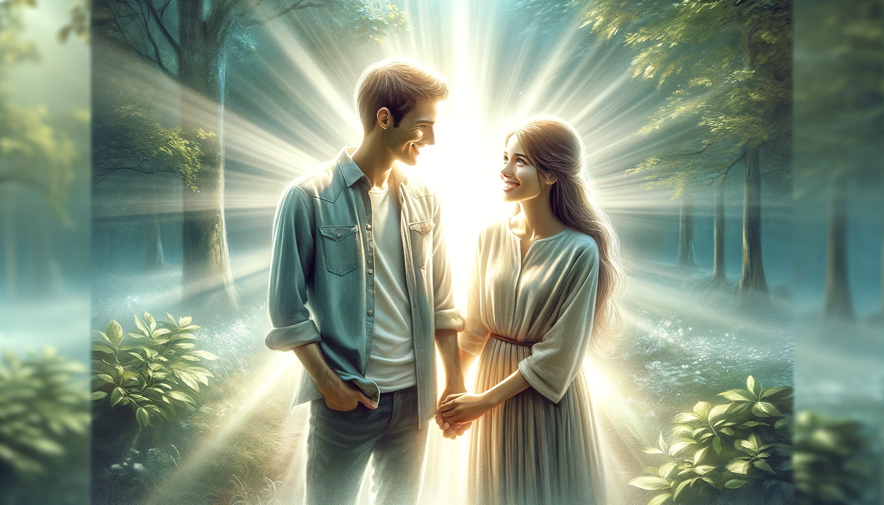 A photo-realistic horizontal illustration of a couple standing together in a peaceful setting, surrounded by nature. They are holding hands, smiling g