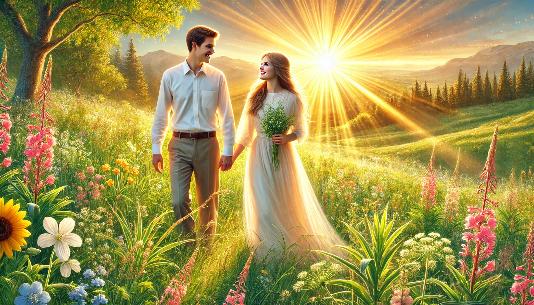 A photo-realistic horizontal illustration of a couple walking hand in hand through a sunlit meadow. The husband is smiling warmly at his wife, who is