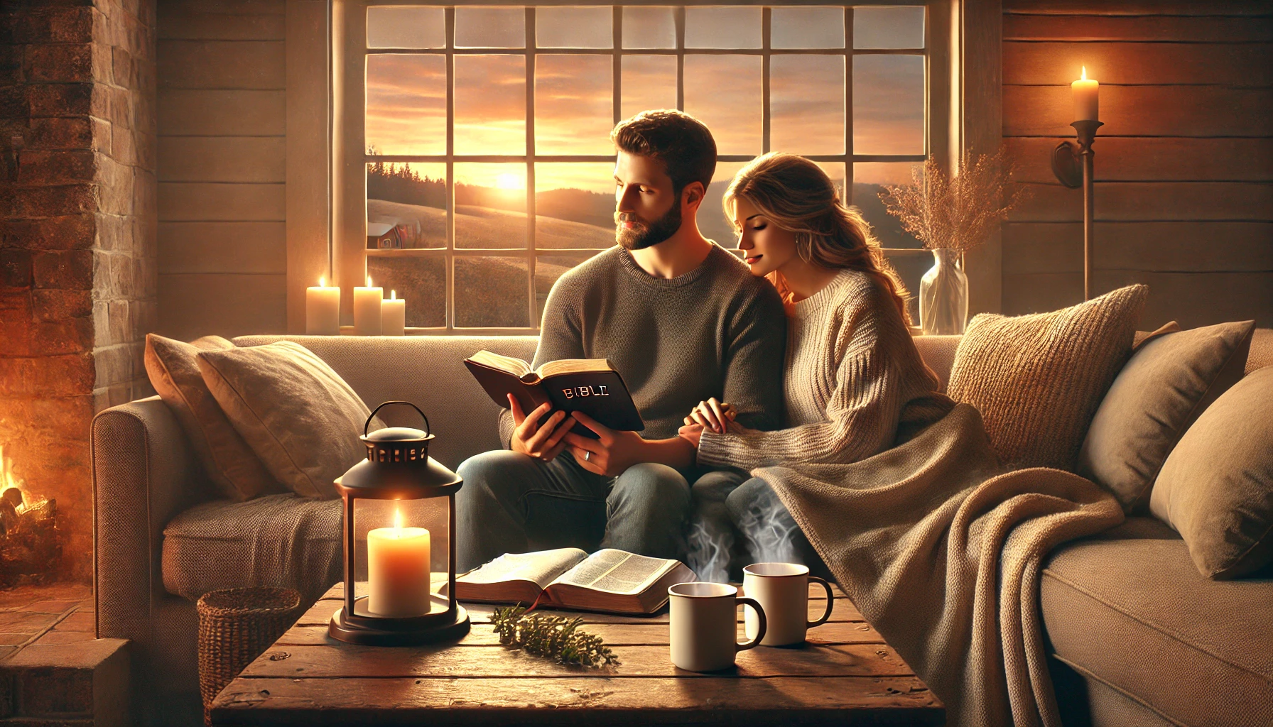 A photo-realistic horizontal illustration of a cozy living room scene where a married couple is reading the Bible together. They sit on a plush couch