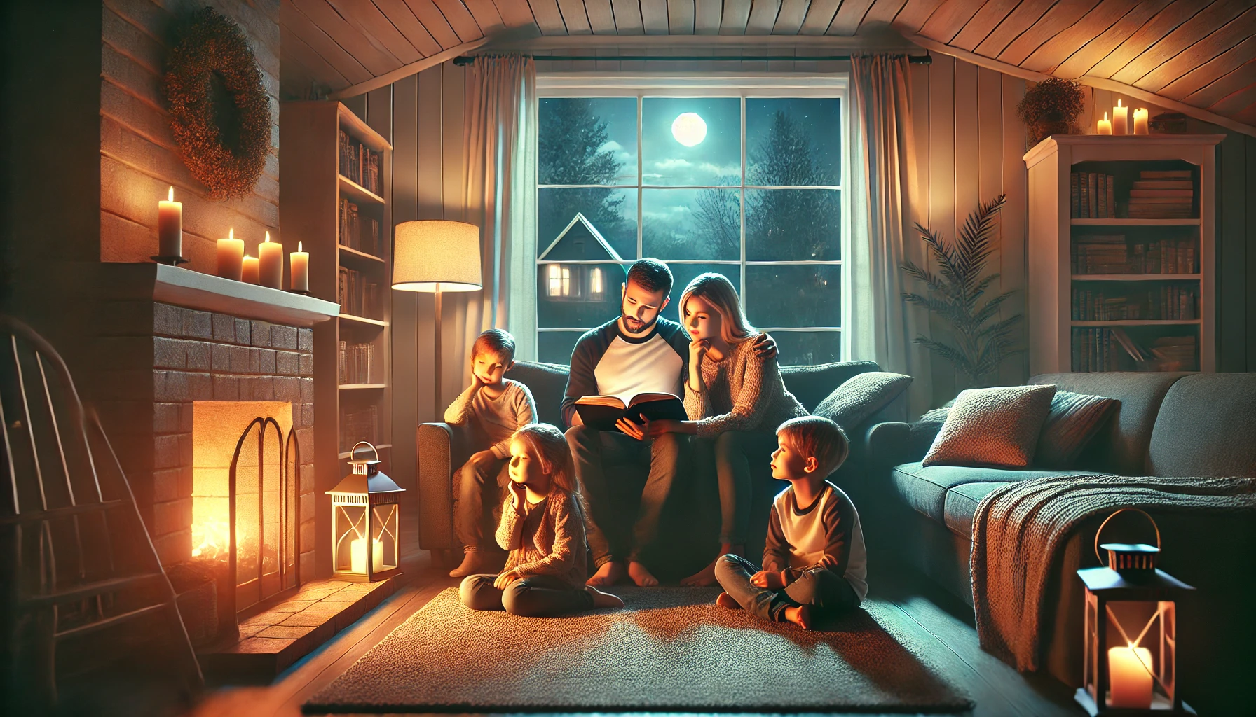 A photo-realistic horizontal illustration of a family gathered in a cozy living room during the evening. The parents are seated on a couch, reading a 