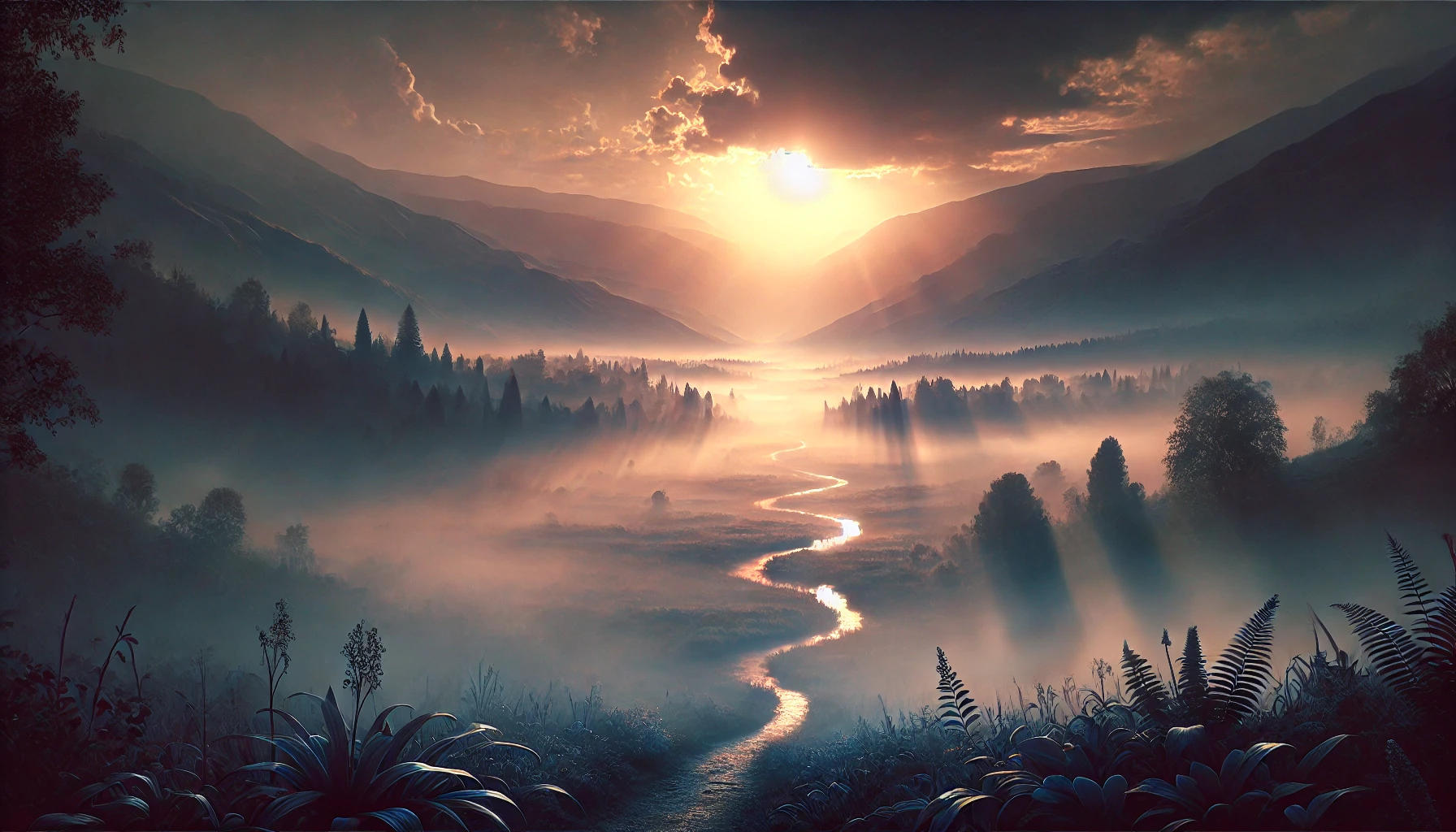 A photo-realistic horizontal illustration of a misty morning scene over a quiet valley, with soft light breaking through the fog. The ephemeral vapor