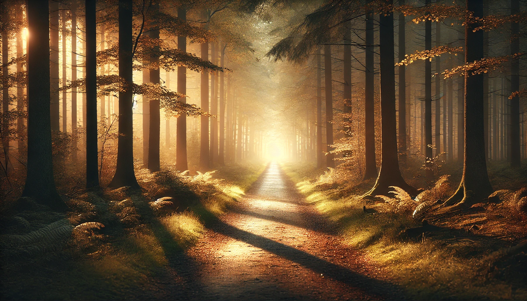 A photo-realistic horizontal illustration of a quiet forest trail bathed in soft, warm light from a setting sun. The pathway is surrounded by tall tre