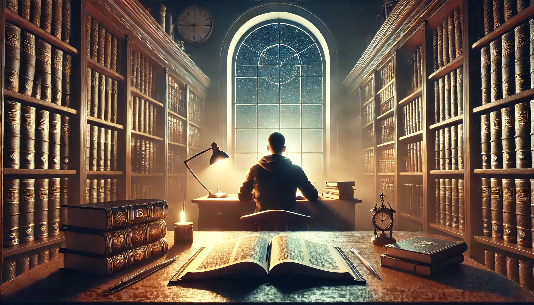 A photo-realistic horizontal illustration of a quiet library setting, with a person sitting at a wooden desk under soft lamplight. An open Bible is th