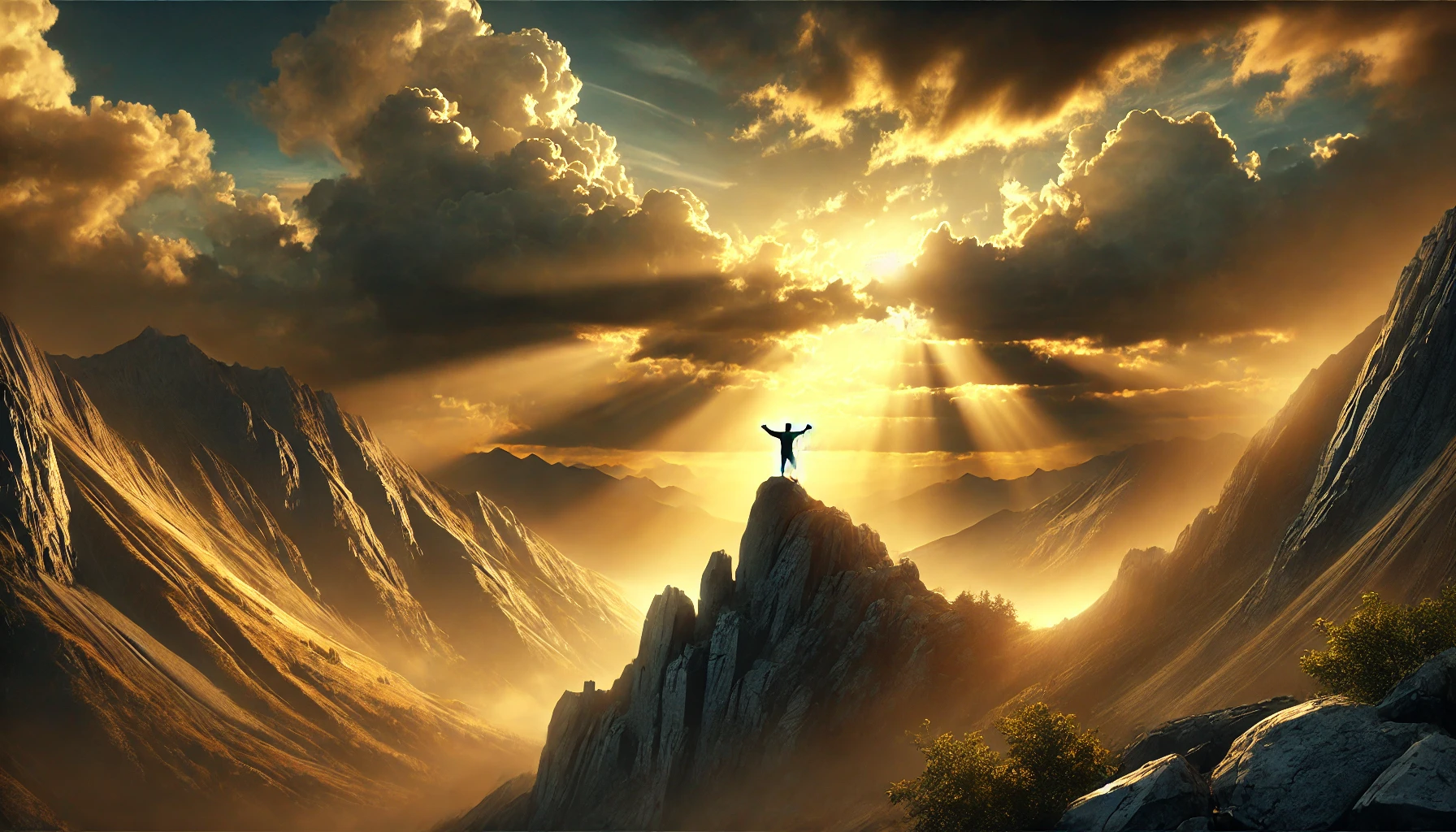 A photo-realistic horizontal illustration of a rugged mountain landscape at dawn, with a figure standing on a rock, arms outstretched toward the sky. 