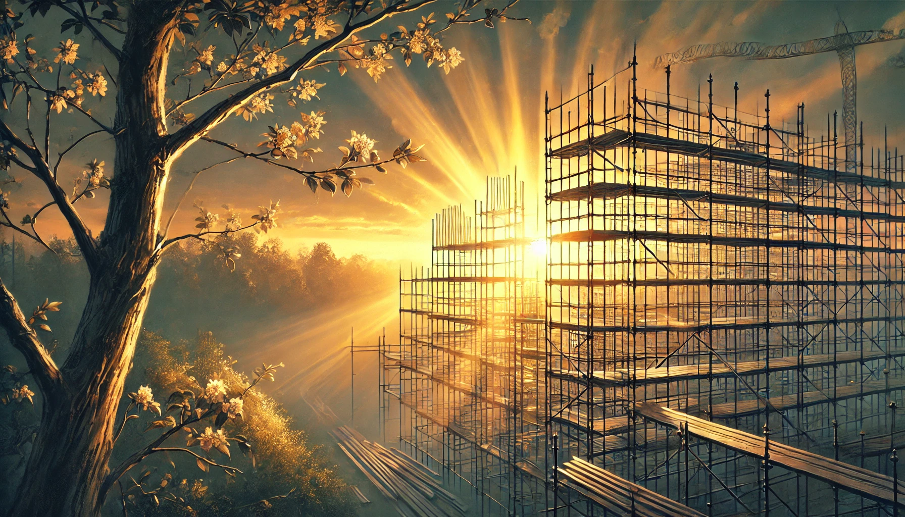 A photo-realistic horizontal illustration of a serene sunrise over a construction site, with scaffolding surrounding a partially built structure. The