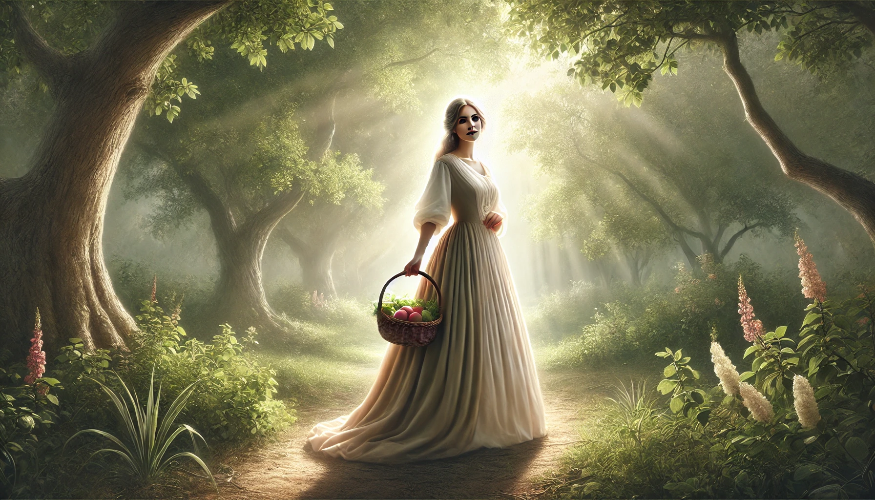 A photo-realistic horizontal illustration of a woman standing in a peaceful garden, radiating grace and strength. She is dressed in a simple yet elega