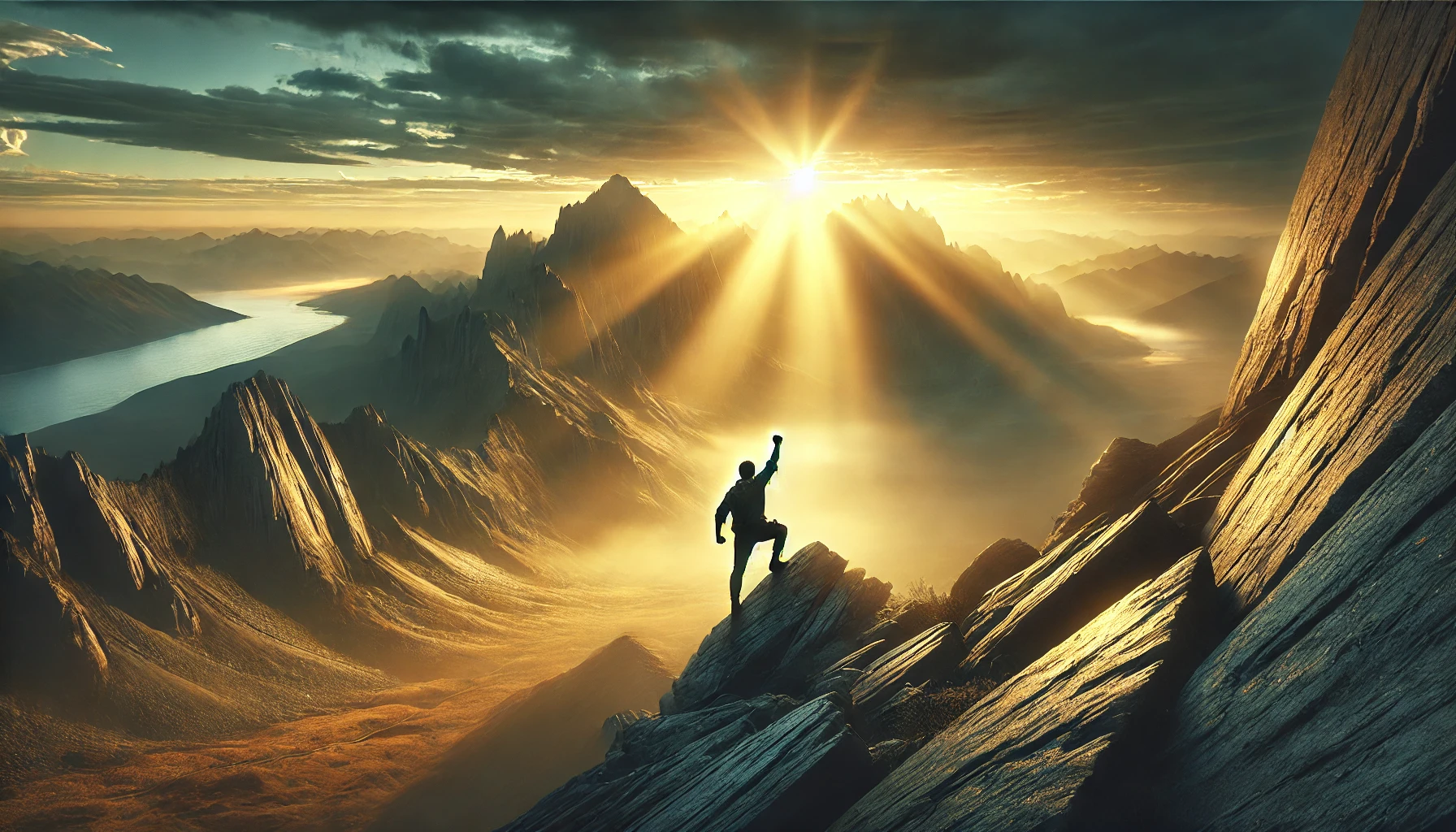 A photo-realistic horizontal image of a determined hiker climbing a rugged mountain at sunrise. The scene features a vast landscape with golden light 