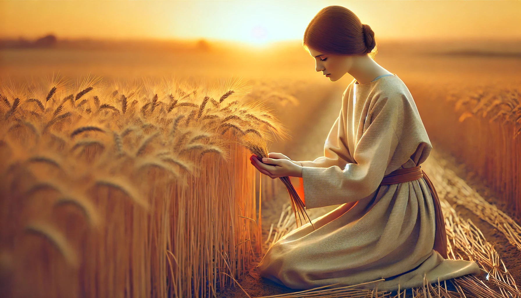 A photo-realistic horizontal image of a golden wheat field at sunset. A humble young woman in simple, ancient attire kneels in gratitude on the ground