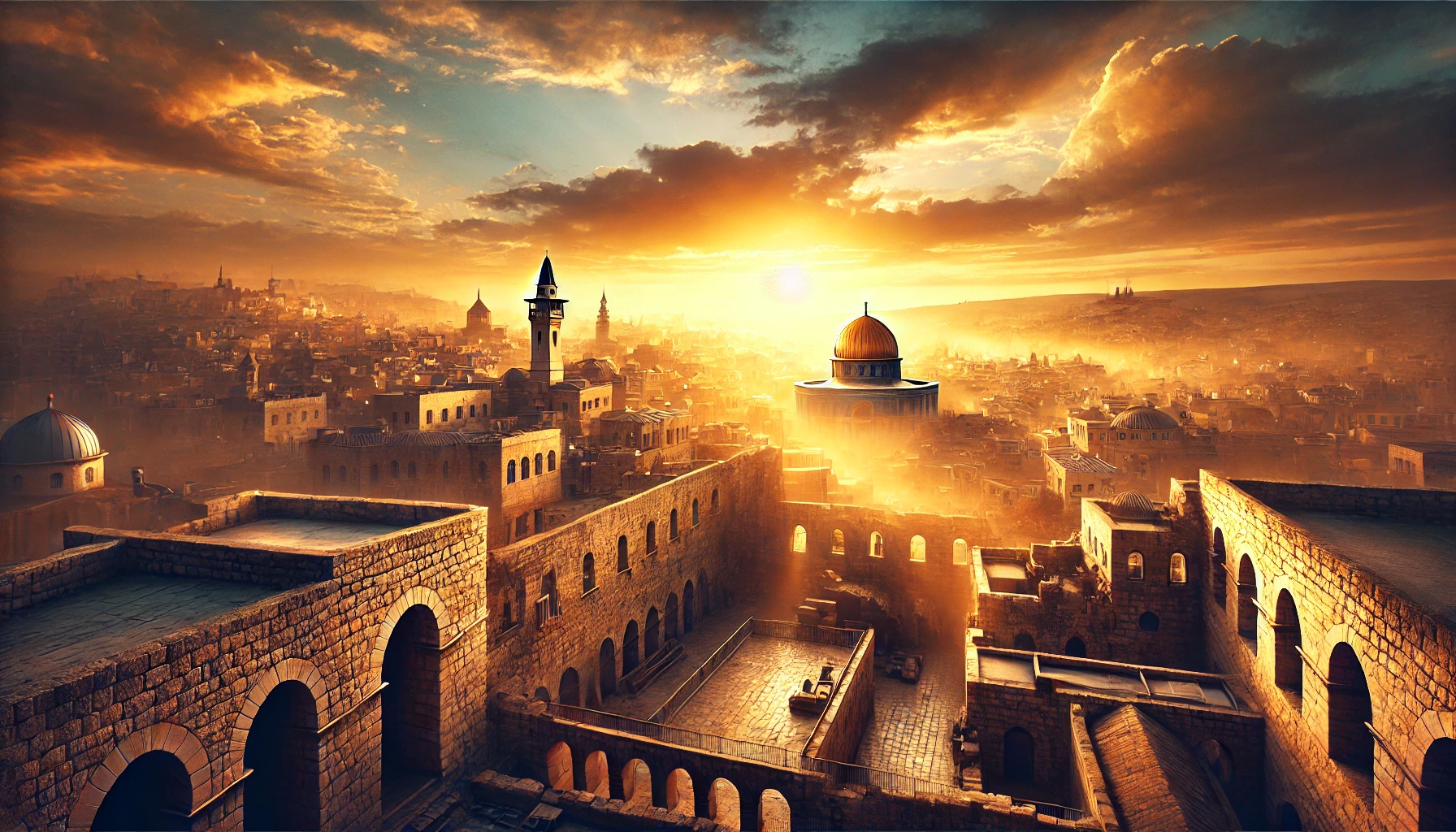 A photo-realistic horizontal image of a historic cityscape at dawn, symbolizing Zion. The golden sunlight bathes ancient stone walls, arches, and roof