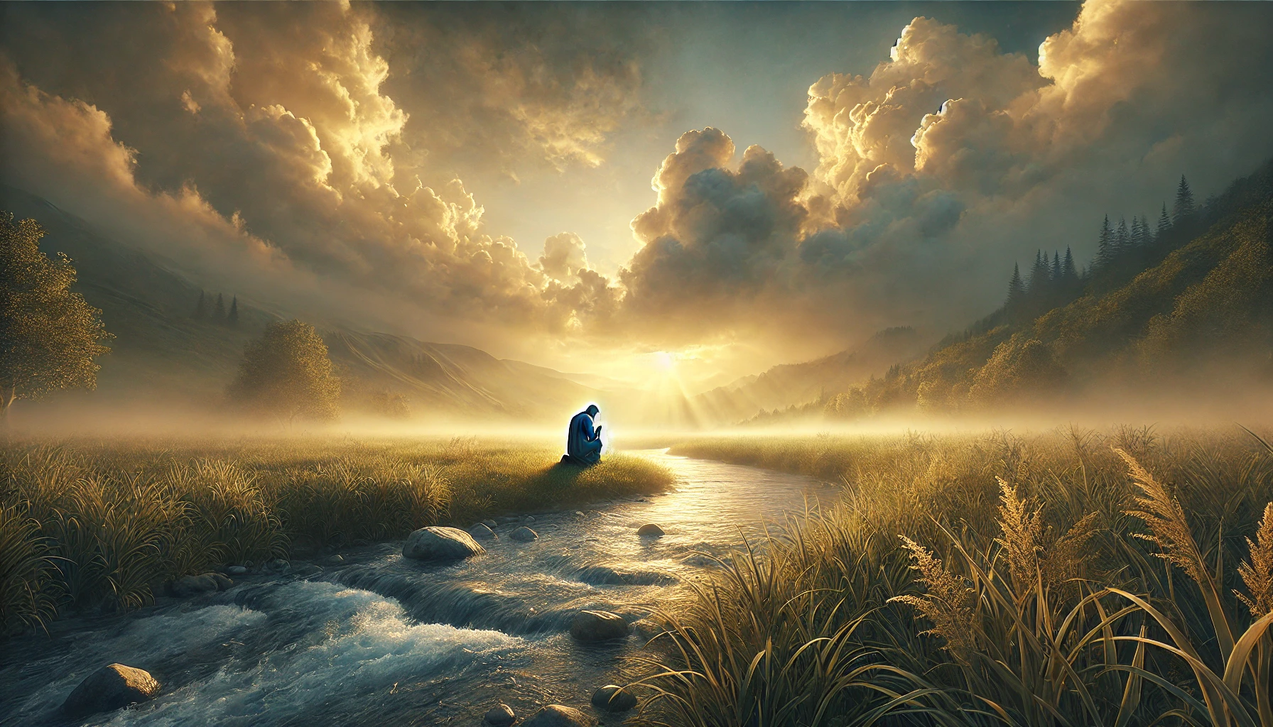 A photo-realistic horizontal image of a serene countryside at dusk. A lone figure is kneeling in prayer at the edge of a gently flowing river, surroun