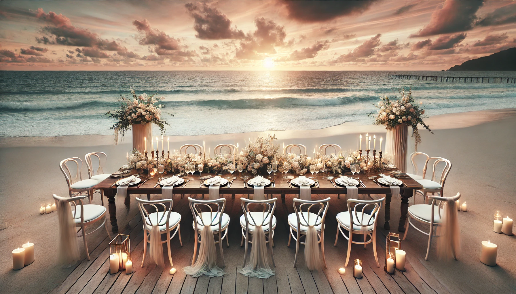 A photo-realistic horizontal image of a serene wedding reception on a beach during sunset. A long wooden table is set up with elegant white and gold d