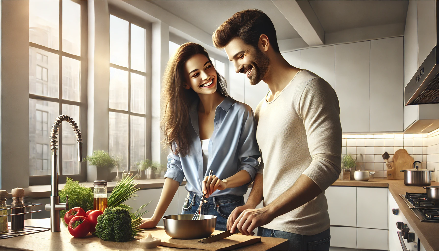 A photo-realistic wide illustration of a couple cooking together in a modern kitchen, wearing casual modern clothing, and sharing a joyful moment. The