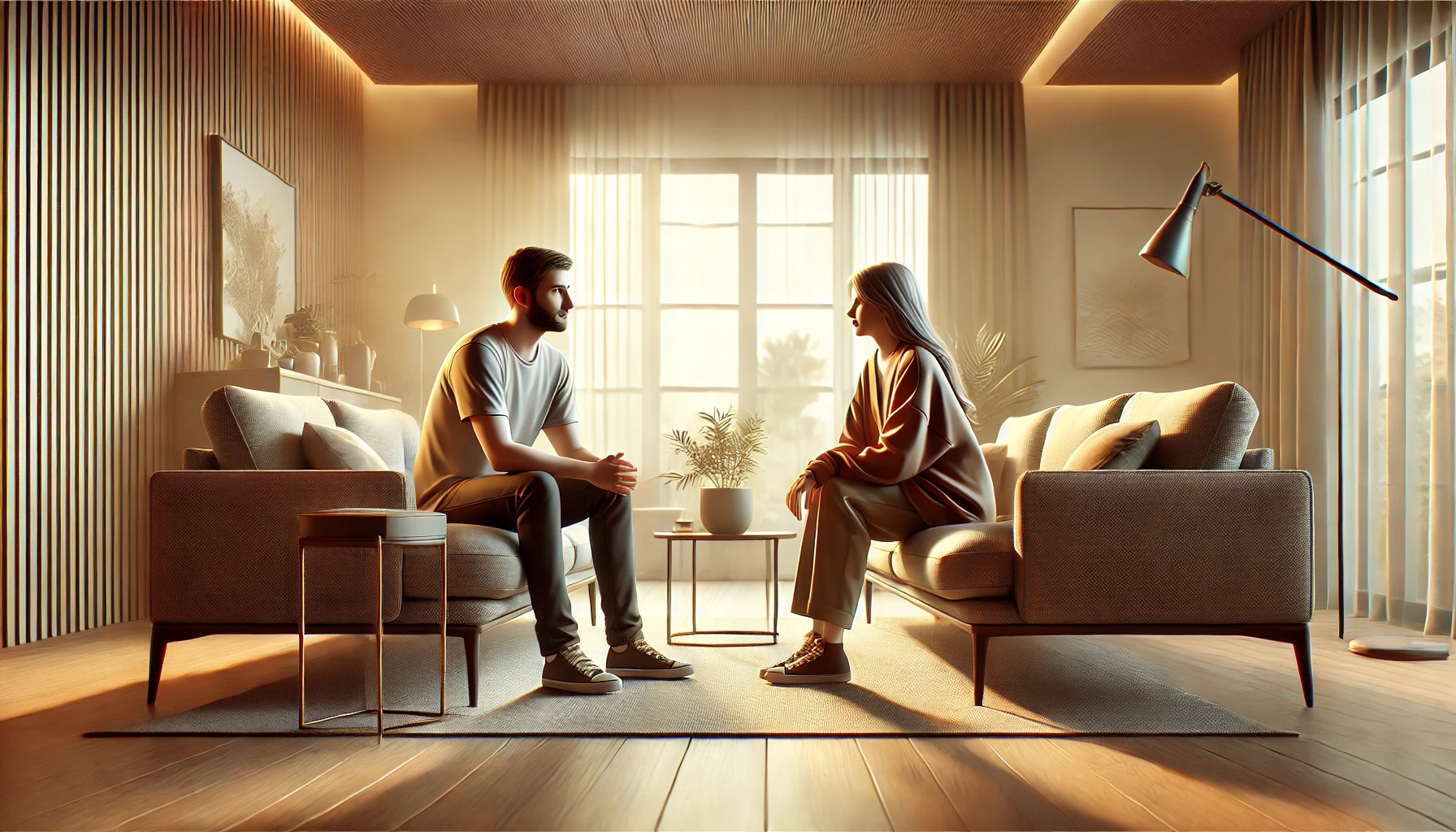 A photo-realistic wide illustration of a couple sitting on a modern living room sofa, having a calm and heartfelt conversation. The man and woman, bot