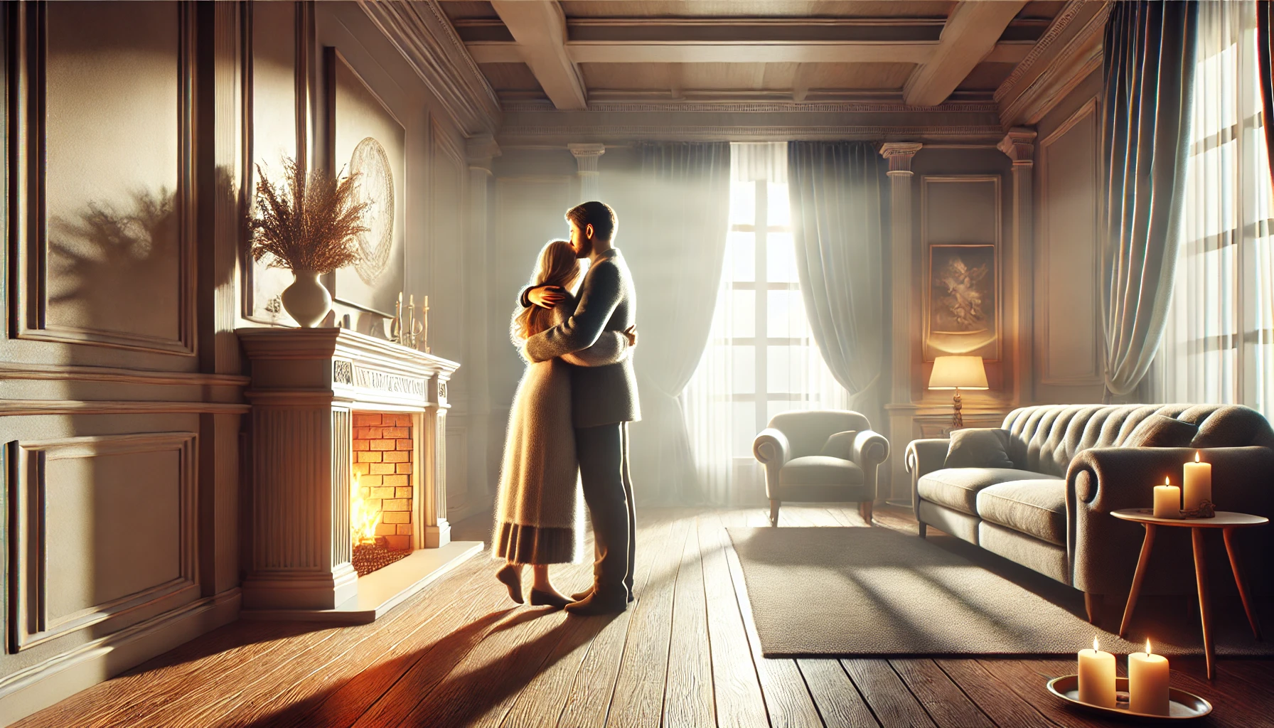 A photo-realistic wide illustration of a married couple embracing warmly in a softly lit living room. The scene includes a cozy ambiance with a firepl