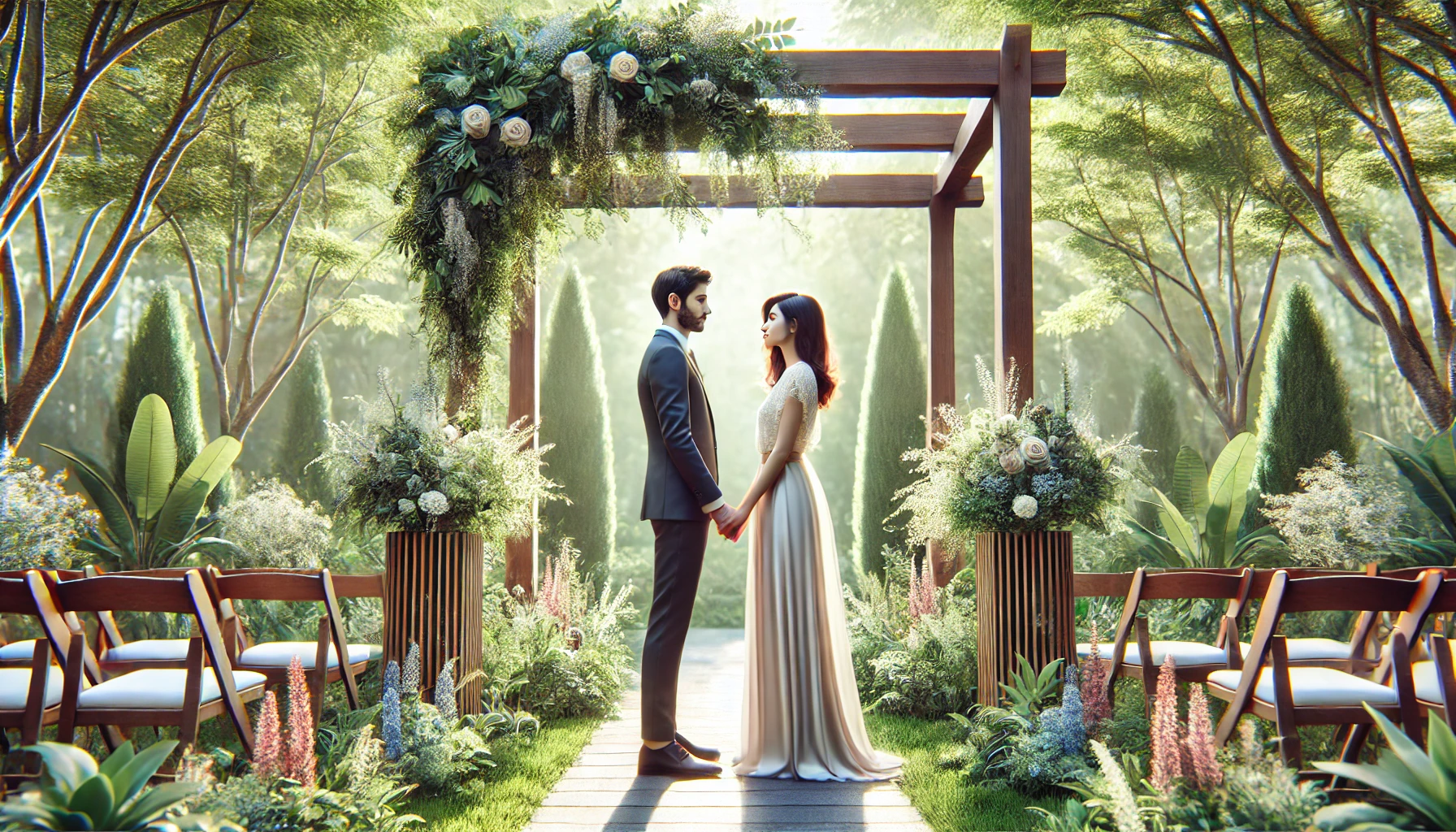 A photo-realistic wide illustration of a married couple standing together in a lush garden under a wooden arch adorned with flowers, holding hands and