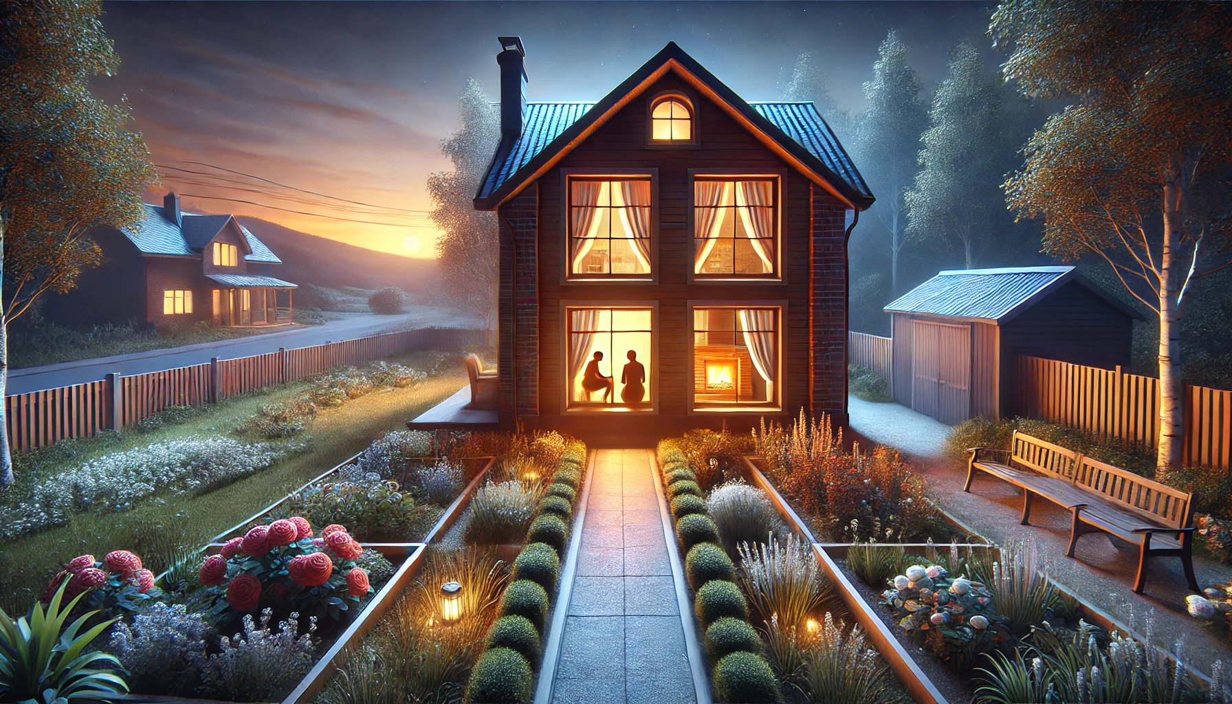 A photo-realistic wide landscape illustration of a cozy home at dusk, with a warm light glowing from the windows. A married couple is visible through 