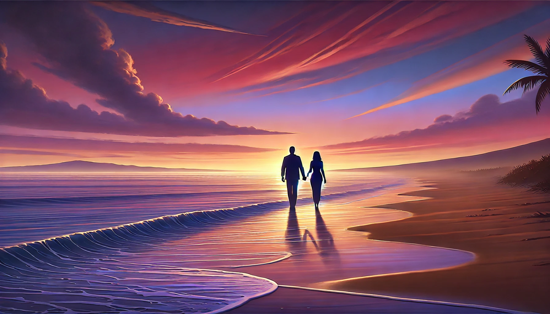 A photo-realistic wide landscape illustration of a married couple walking hand in hand on a sandy beach during twilight, with the waves gently lapping