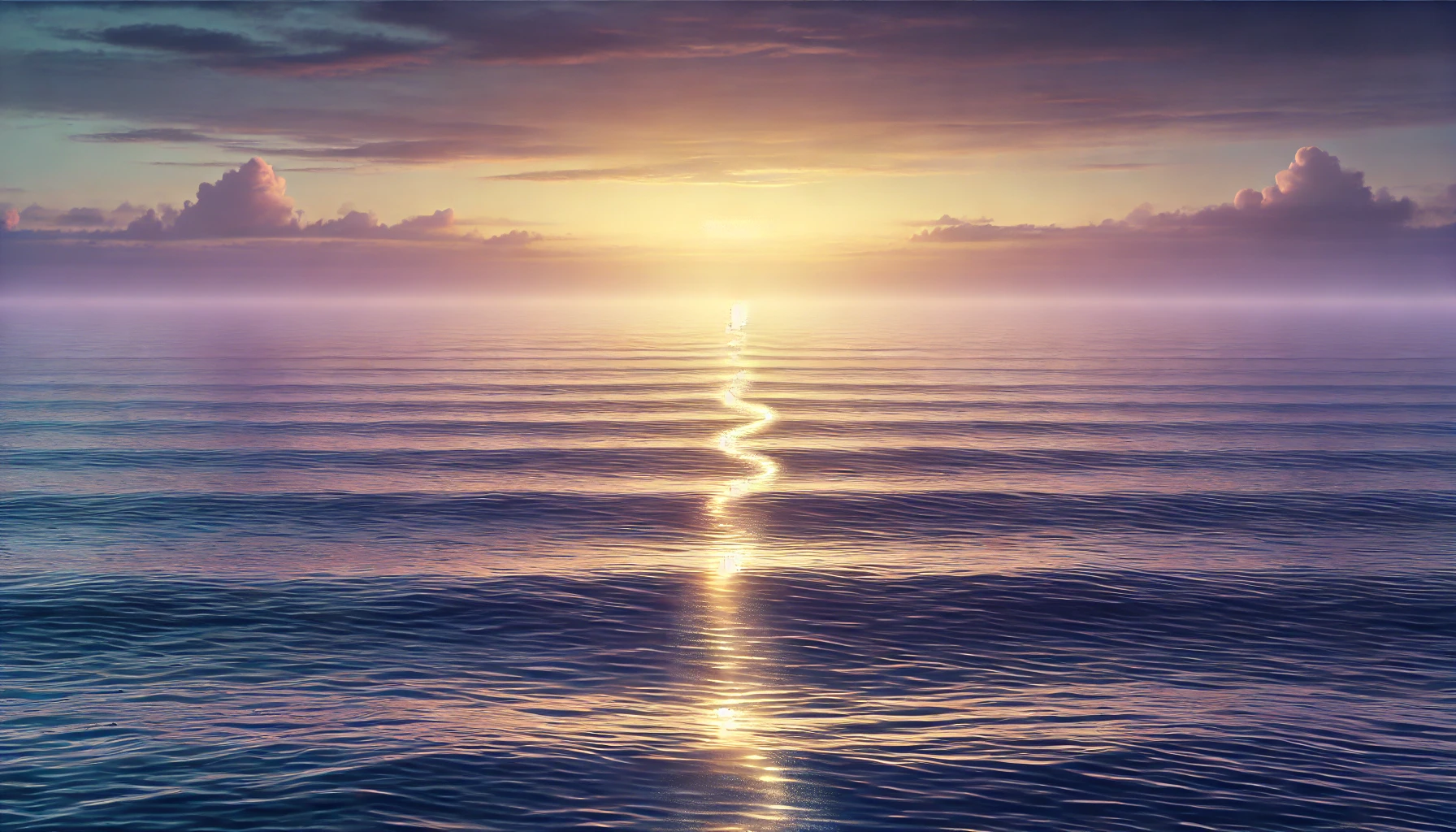 A photorealistic horizontal scene of a calm ocean at dusk, with a faint path of light appearing to lead through the water. The sky is painted in soft 