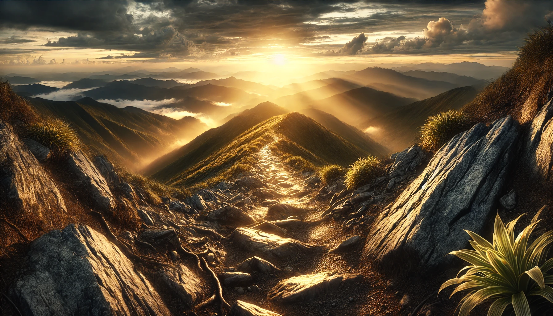 A photorealistic horizontal scene of a mountain trail at sunrise, symbolizing perseverance and hope. The rugged path is illuminated by the first light