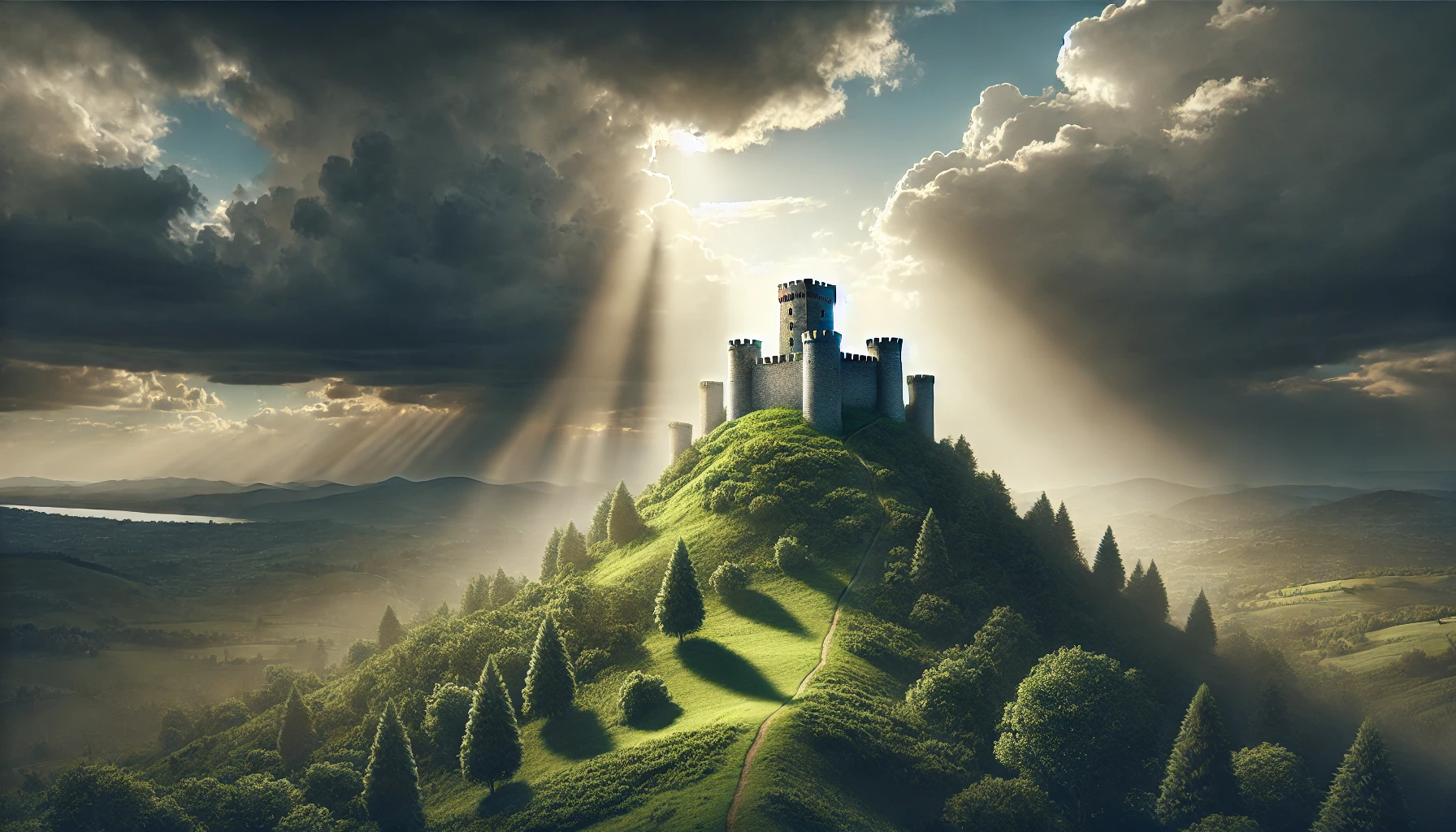 A photorealistic horizontal scene of a towering stone fortress on a hill under a dramatic sky, symbolizing refuge and strength. The fortress is surrou