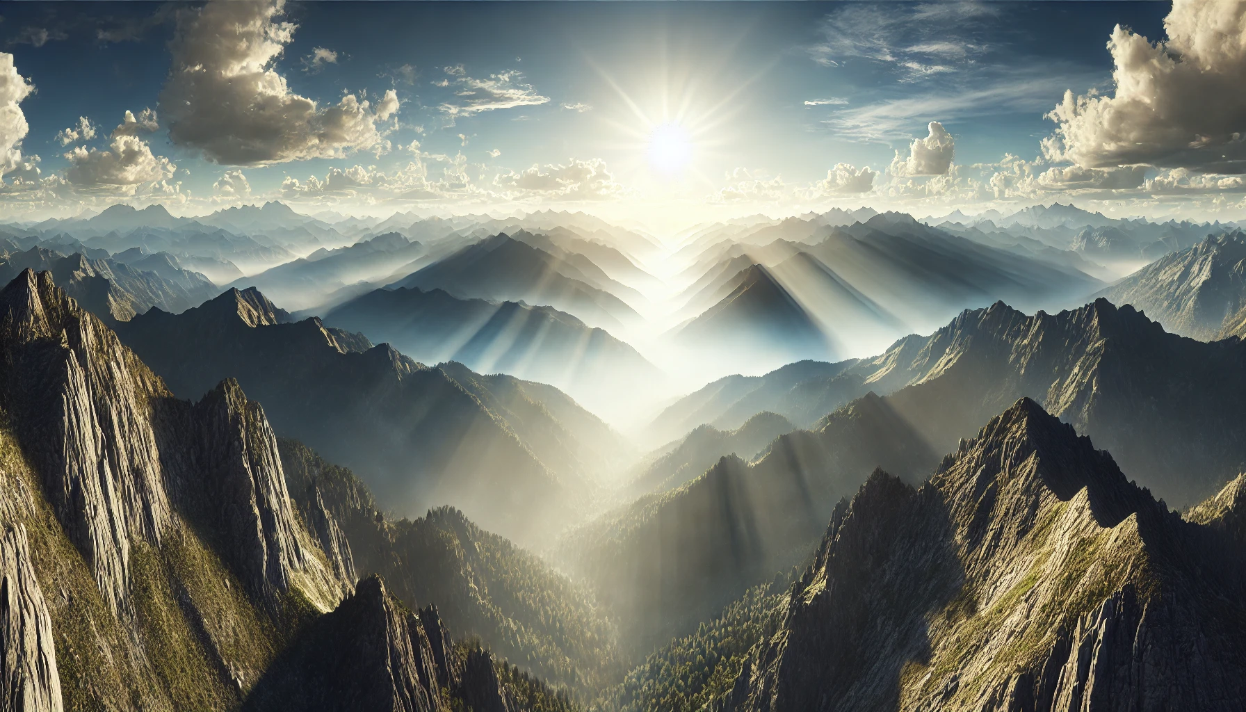 A photorealistic horizontal scene of a vast mountain range under a bright and clear sky, symbolizing overcoming challenges and the boundlessness of Go