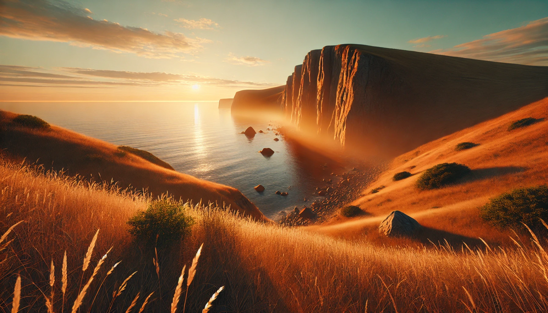 A photorealistic wide view of a coastal cliff at sunset, with warm golden light casting long shadows on the grass and rocks. The ocean below is calm, 