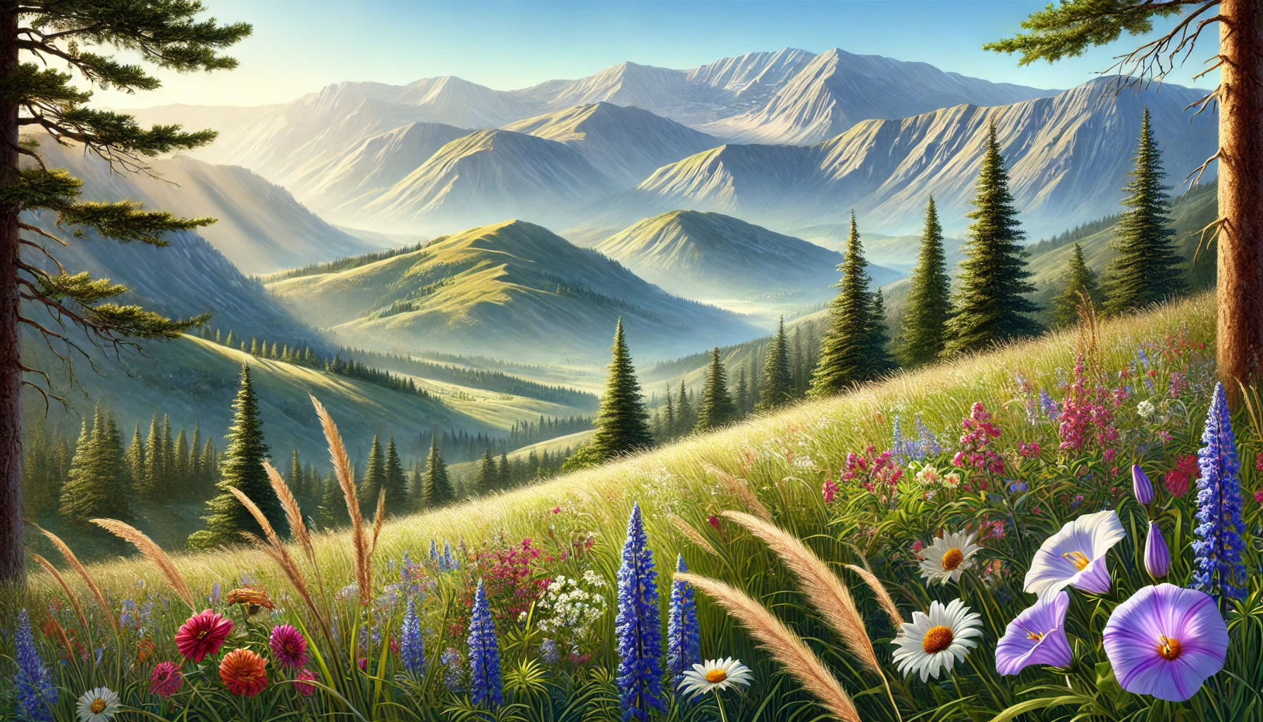 A picturesque landscape with majestic mountains, hills alive with wildflowers, and tall trees.