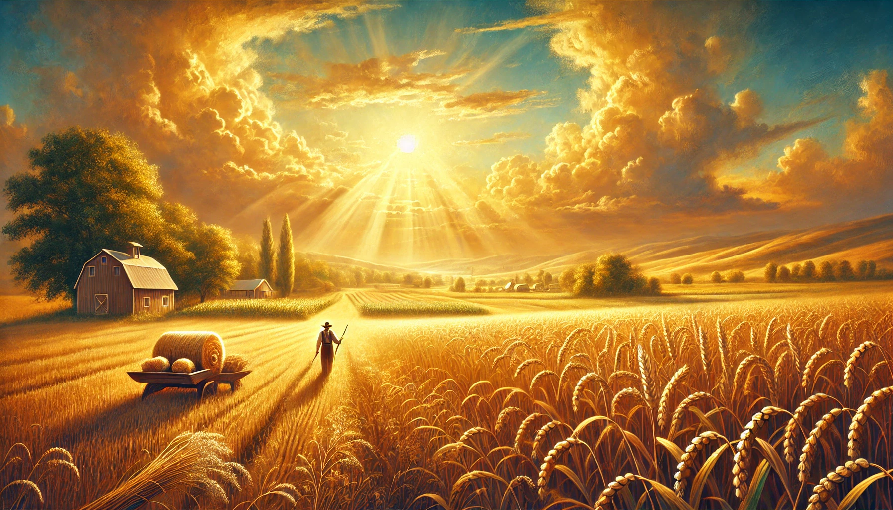 A picturesque rural scene representing peace and righteousness_ a golden field ready for harvest under a warm, glowing sky. A farmer stands peacefully