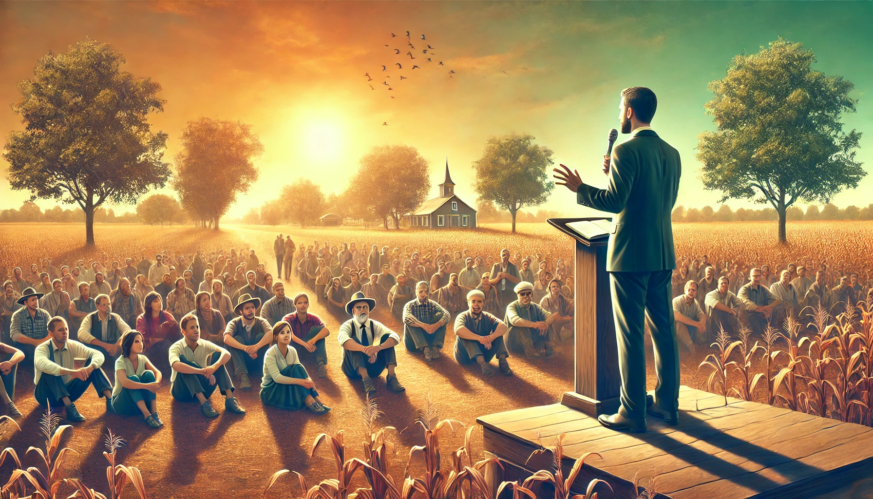 A preacher standing in a crowded open field, addressing a diverse group of people listening intently.