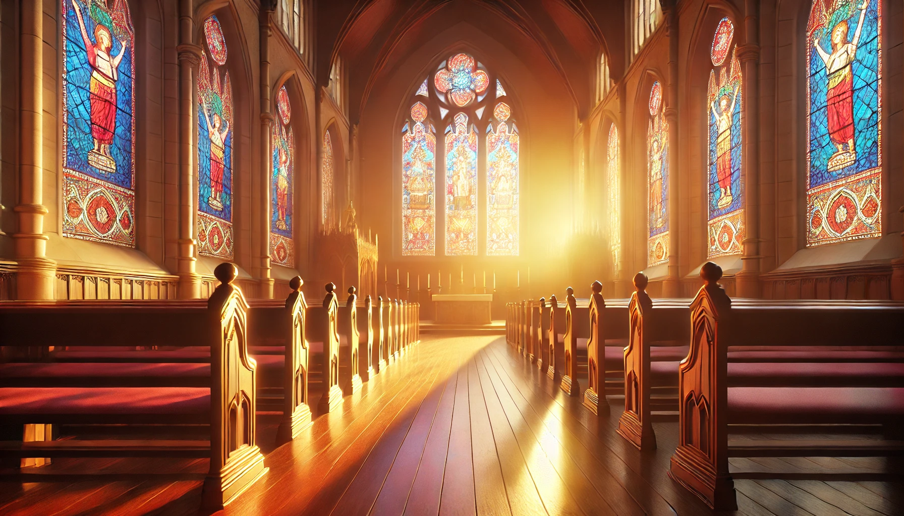 A quiet church interior at sunset, with warm sunlight streaming through stained glass windows casting colorful shadows.