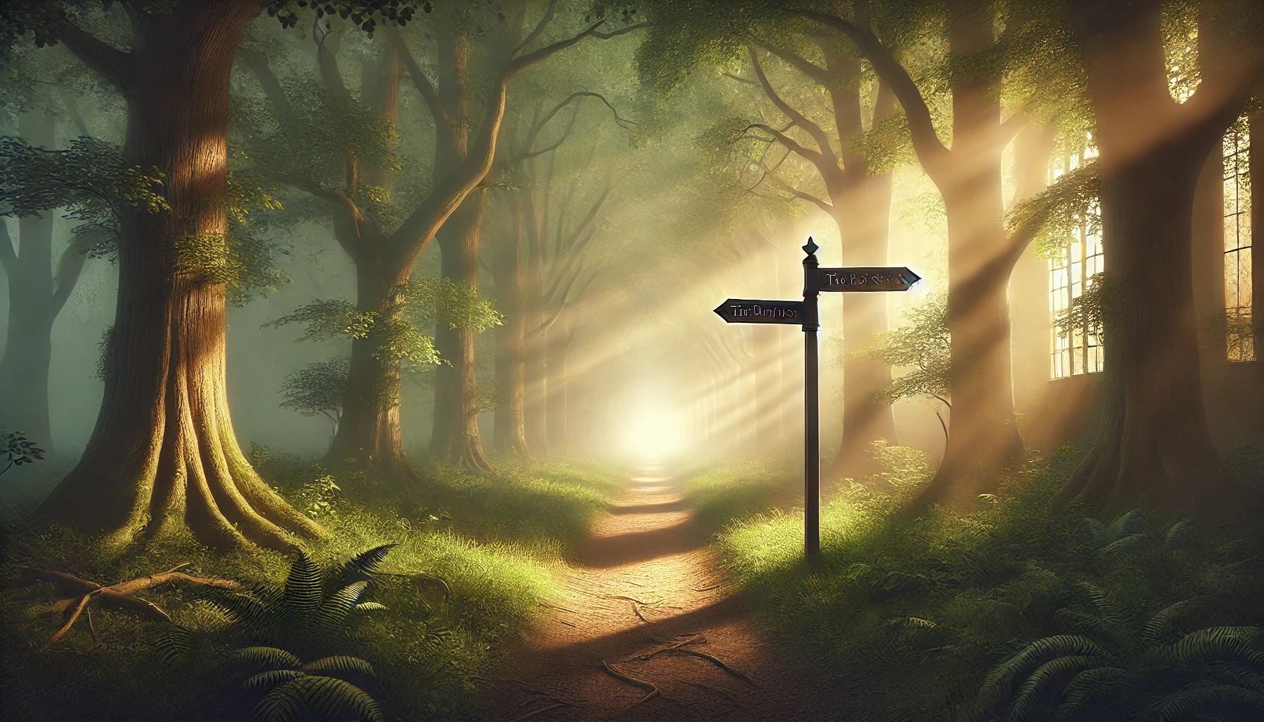 A quiet forest path illuminated by soft sunlight, with a guidepost at a crossroads.