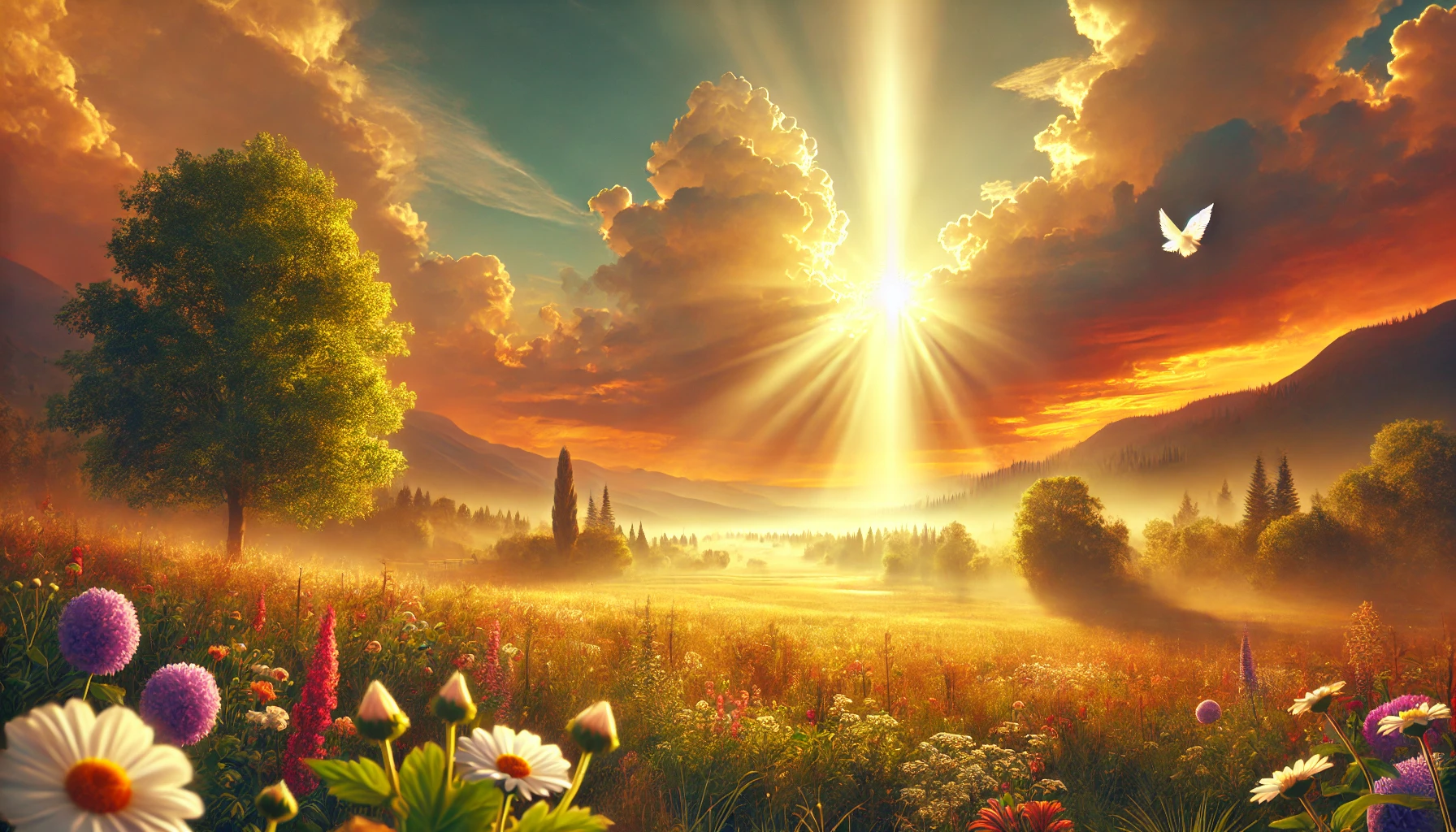 A radiant countryside during a golden sunrise, with a clear view of a serene meadow surrounded by flowers and trees.