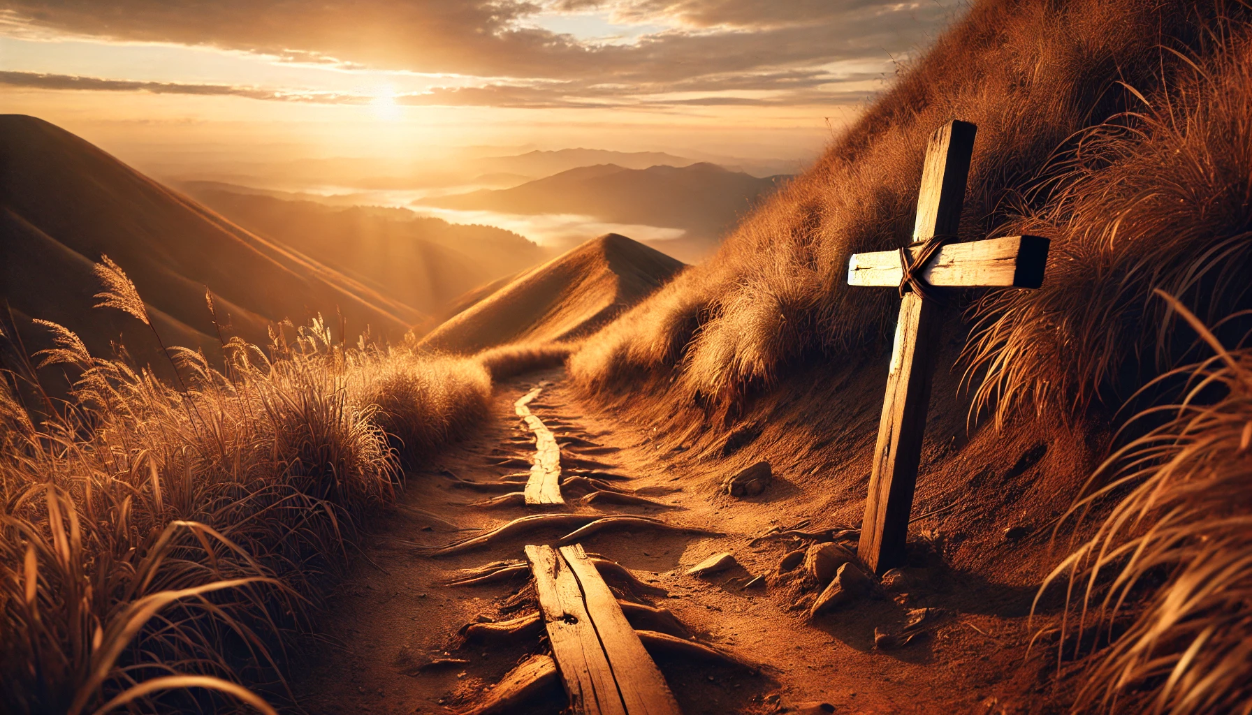 A rugged dirt path winding up a hill at sunrise, with a wooden cross leaning on the side of the path.