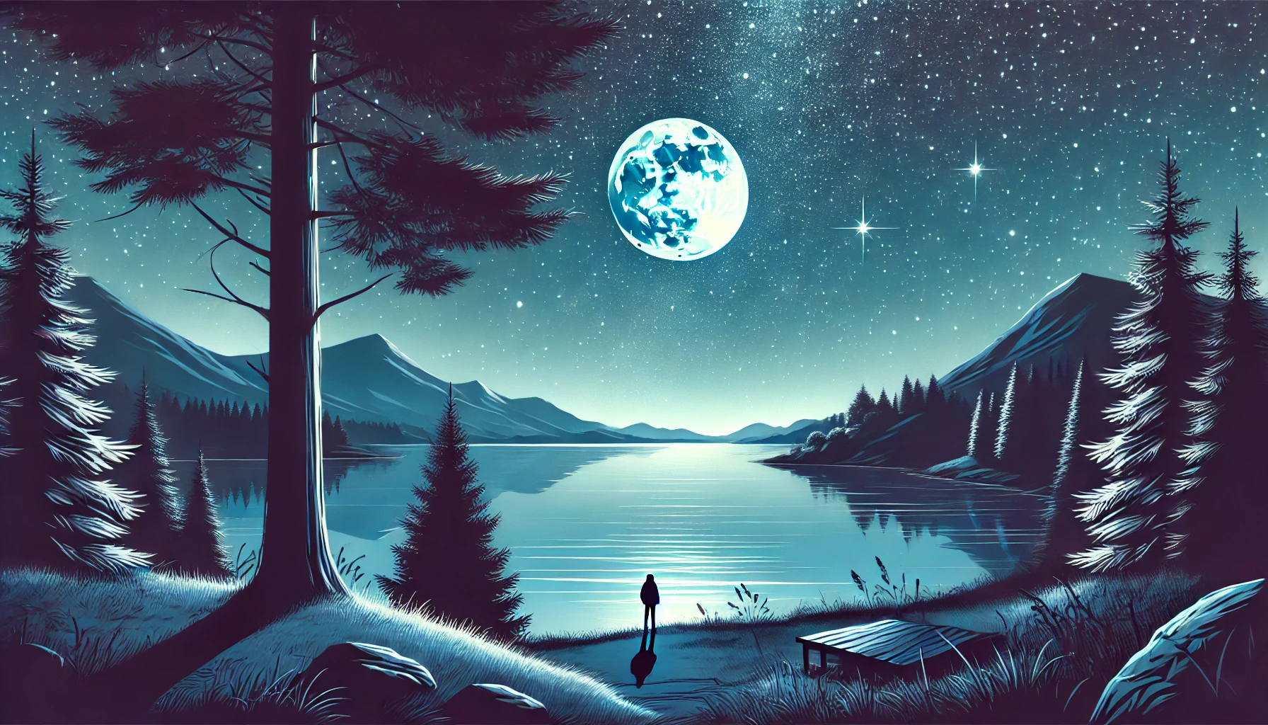 A scenic landscape with a person standing at the edge of a calm lake under a starry night sky.