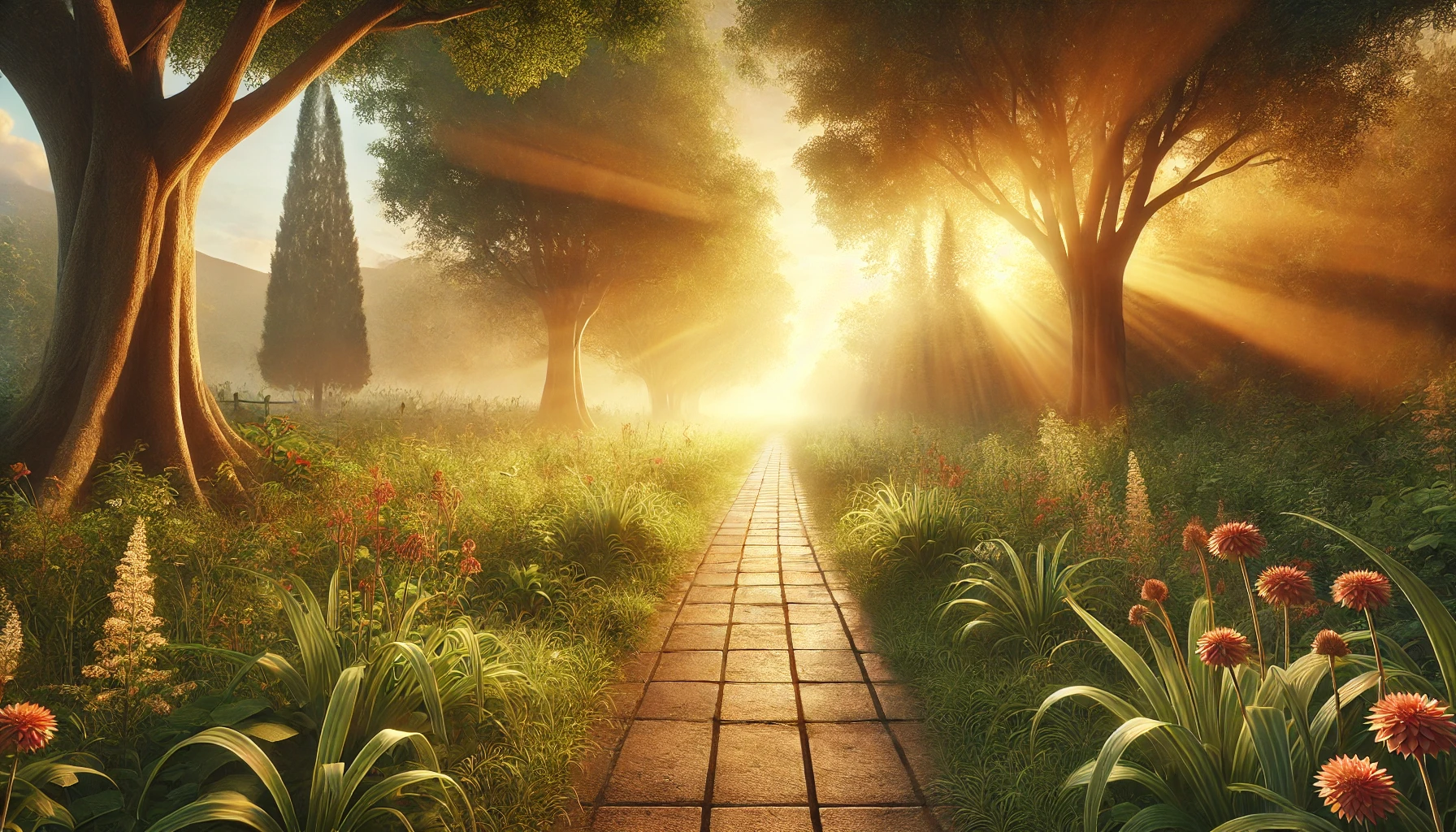 A serene countryside path at sunrise, with golden light streaming through trees.