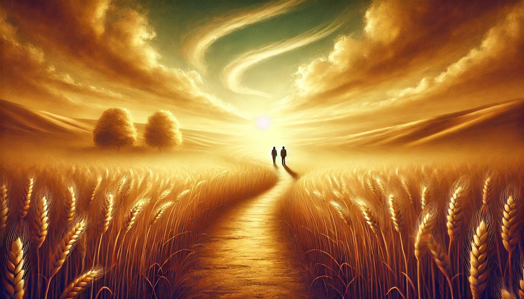 A serene countryside scene symbolizing peace and spiritual growth_ a winding path through a golden wheat field, leading to a glowing horizon with soft