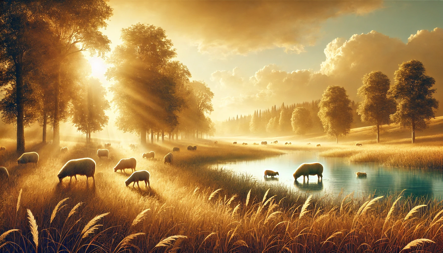 A serene countryside with animals grazing peacefully, surrounded by soft golden light.