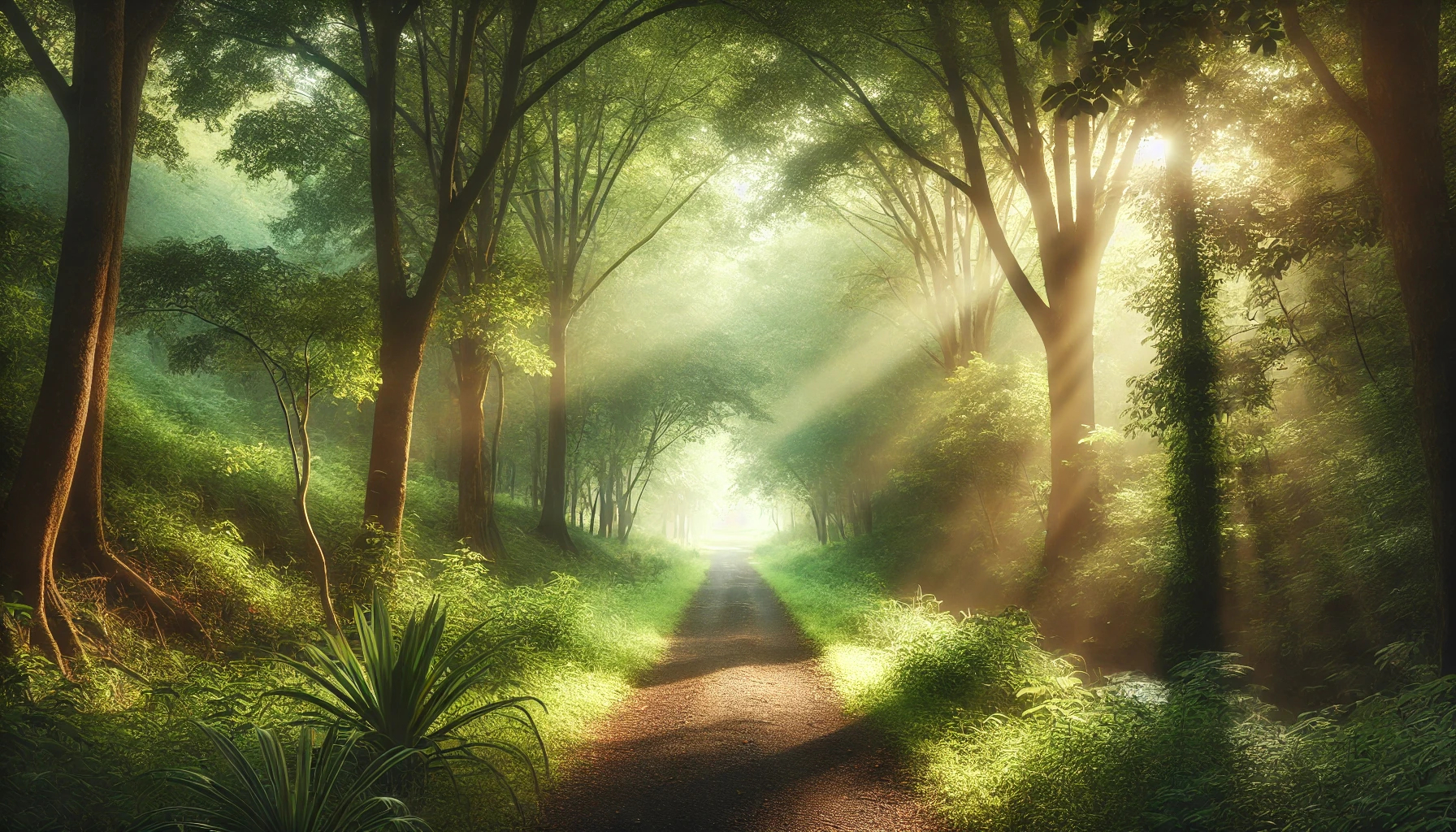 A serene forest trail with soft sunlight streaming through the trees.