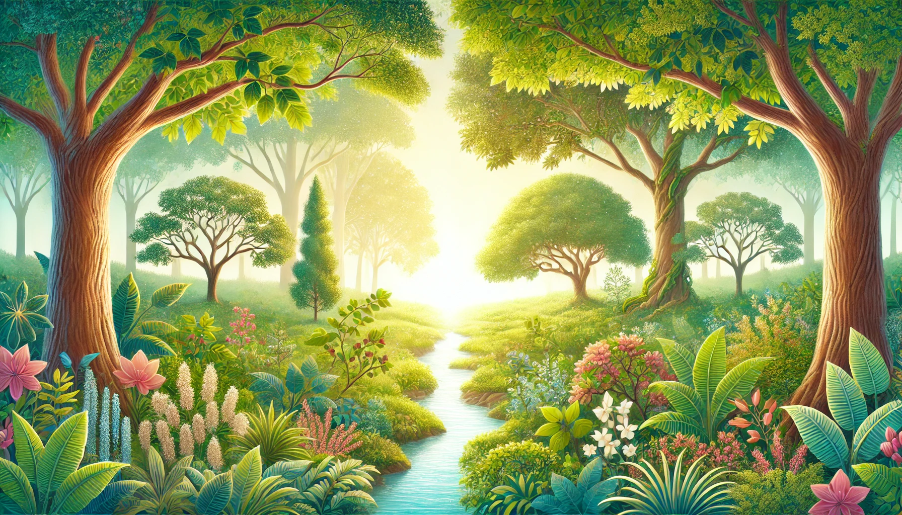 A serene garden filled with various flourishing trees and plants, with light shining through the leaves.