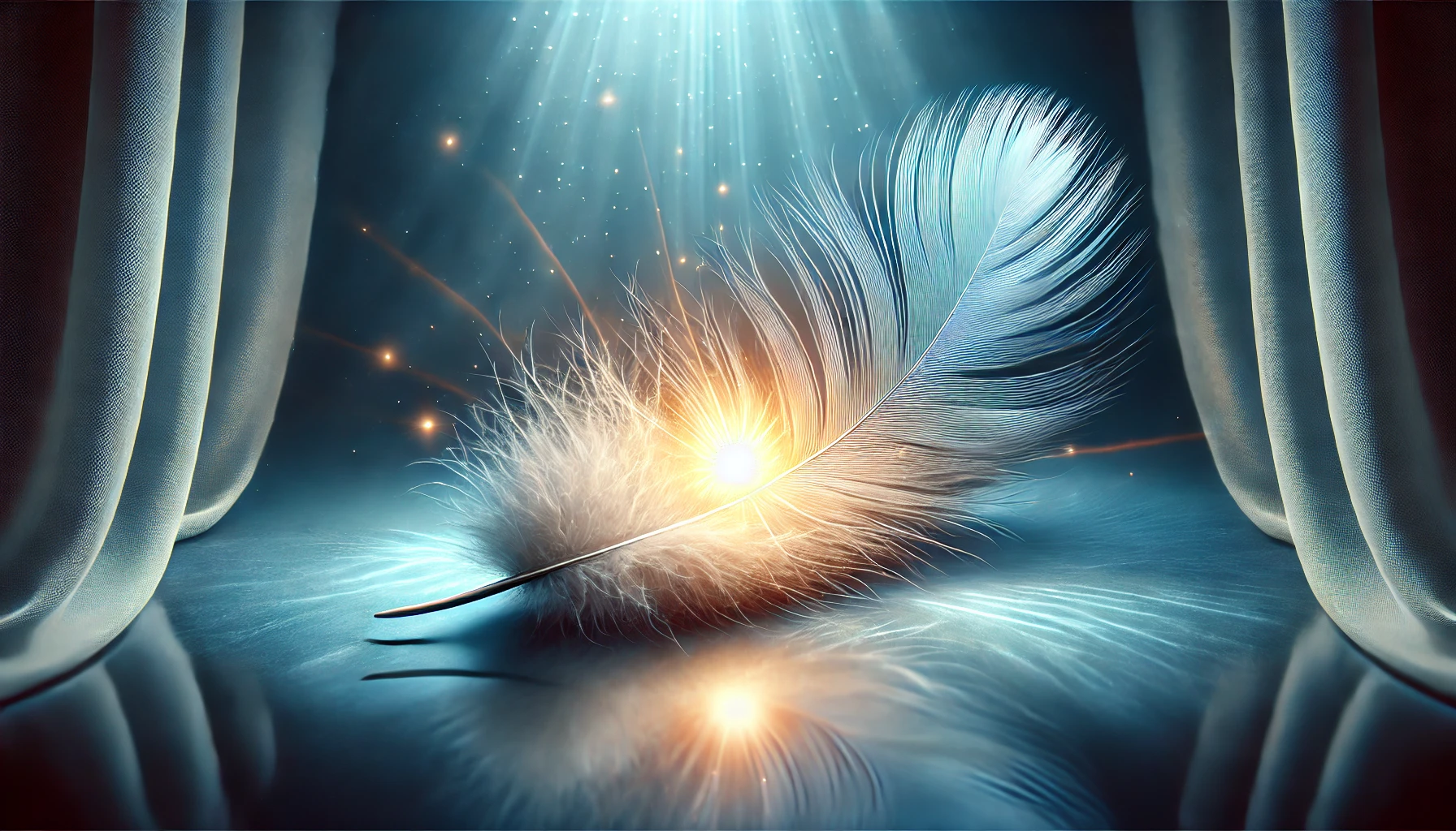 A serene image of a large feather softly cradling a glowing light, representing divine protection.