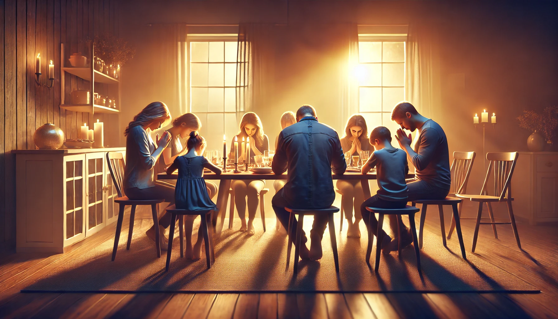 A serene indoor setting with a family gathered in prayer at the dinner table.