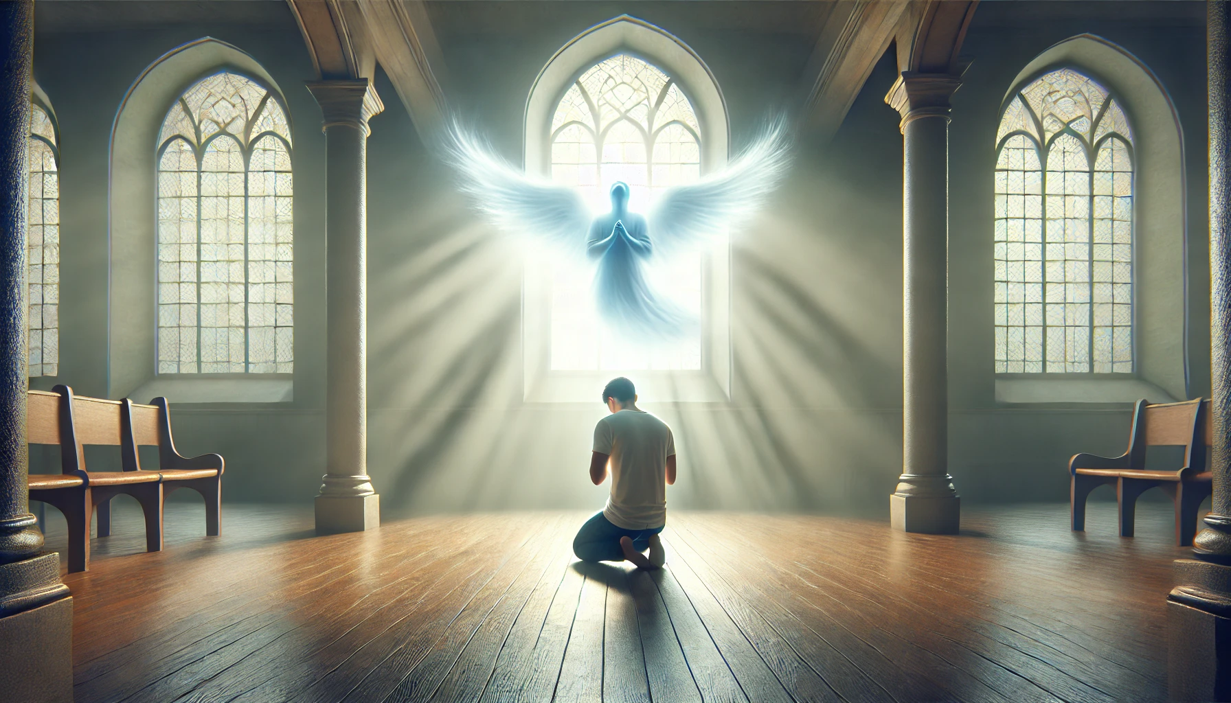 A serene indoor space with a person kneeling in prayer.